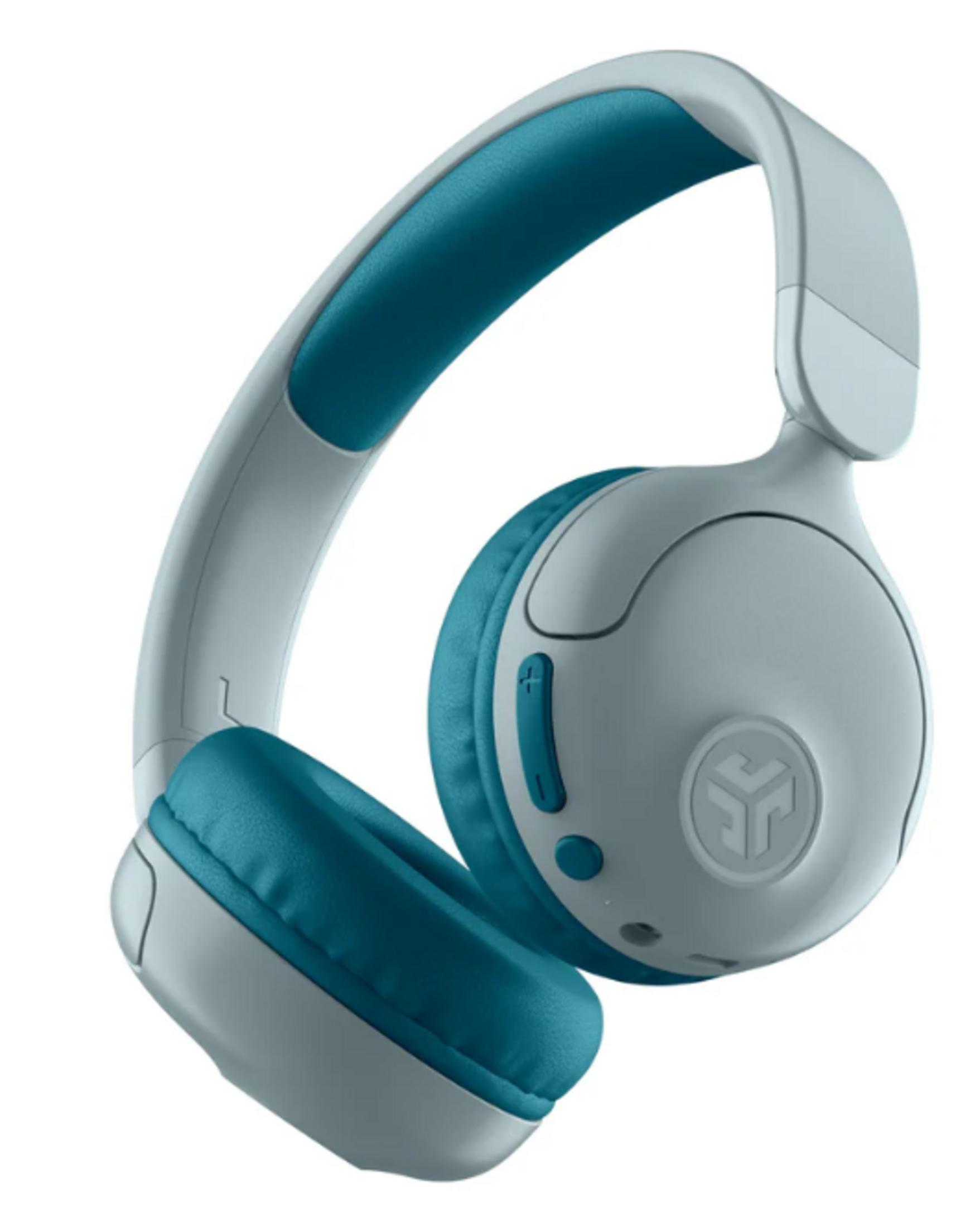 Casque audio, coussinets d'oreille et rembourrage de bandeau bleu-vert, plastique gris. Boutons de volume et d'alimentation sur l'écouteur droit. Fond blanc.