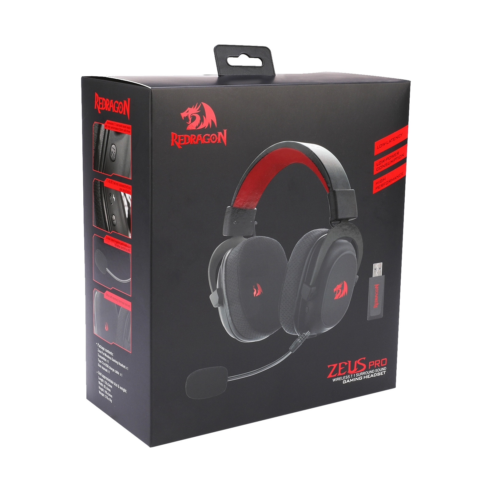 Una scatola per cuffie da gioco Redragon Zeus Pro. È nera con dettagli rossi e un'illustrazione delle cuffie.