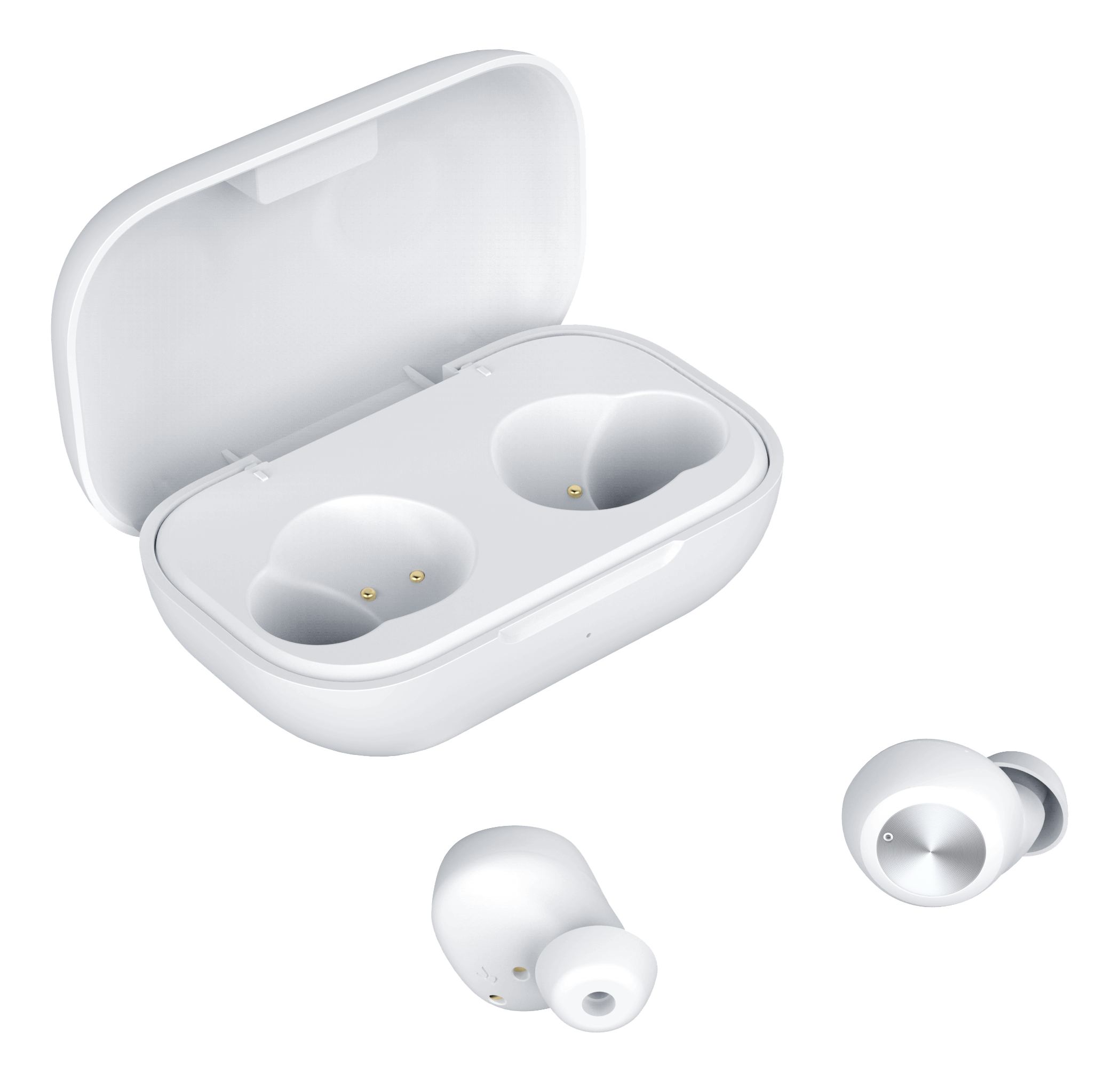 Auricolari bianchi e custodia di ricarica su sfondo bianco. Custodia aperta, due auricolari fuori. Tutto bianco con dettagli argento e oro.