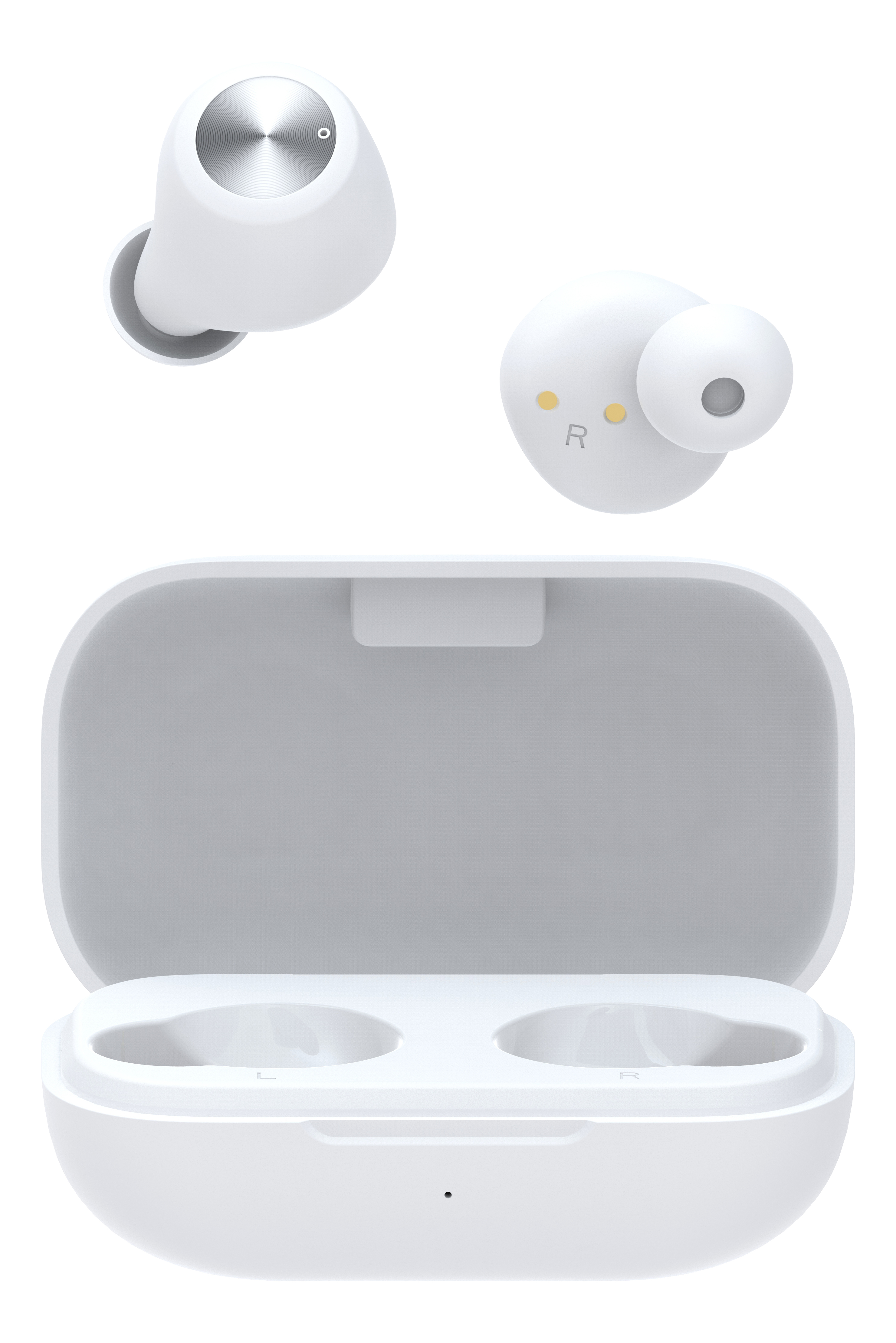 Auricolari wireless bianchi con custodia di ricarica. Gli auricolari sono dentro e fuori dalla custodia.