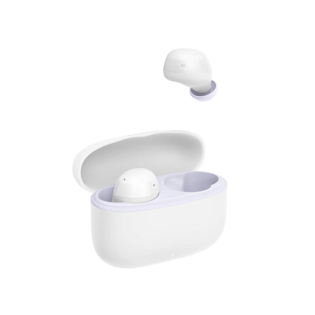 Auricolari wireless bianchi e custodia di ricarica su sfondo bianco. Un auricolare fluttua sopra la custodia.