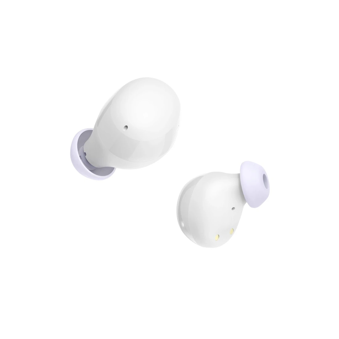 Due auricolari wireless bianchi con punte viola su sfondo bianco. Un auricolare è angolato, l'altro leggermente sopra.