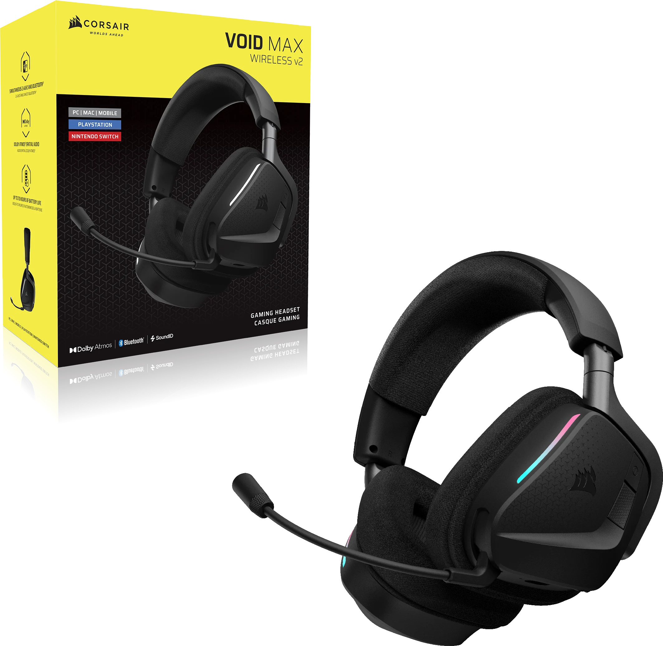 Czarne bezprzewodowe słuchawki dla graczy Corsair Void Max z mikrofonem i pudełkiem w tle.