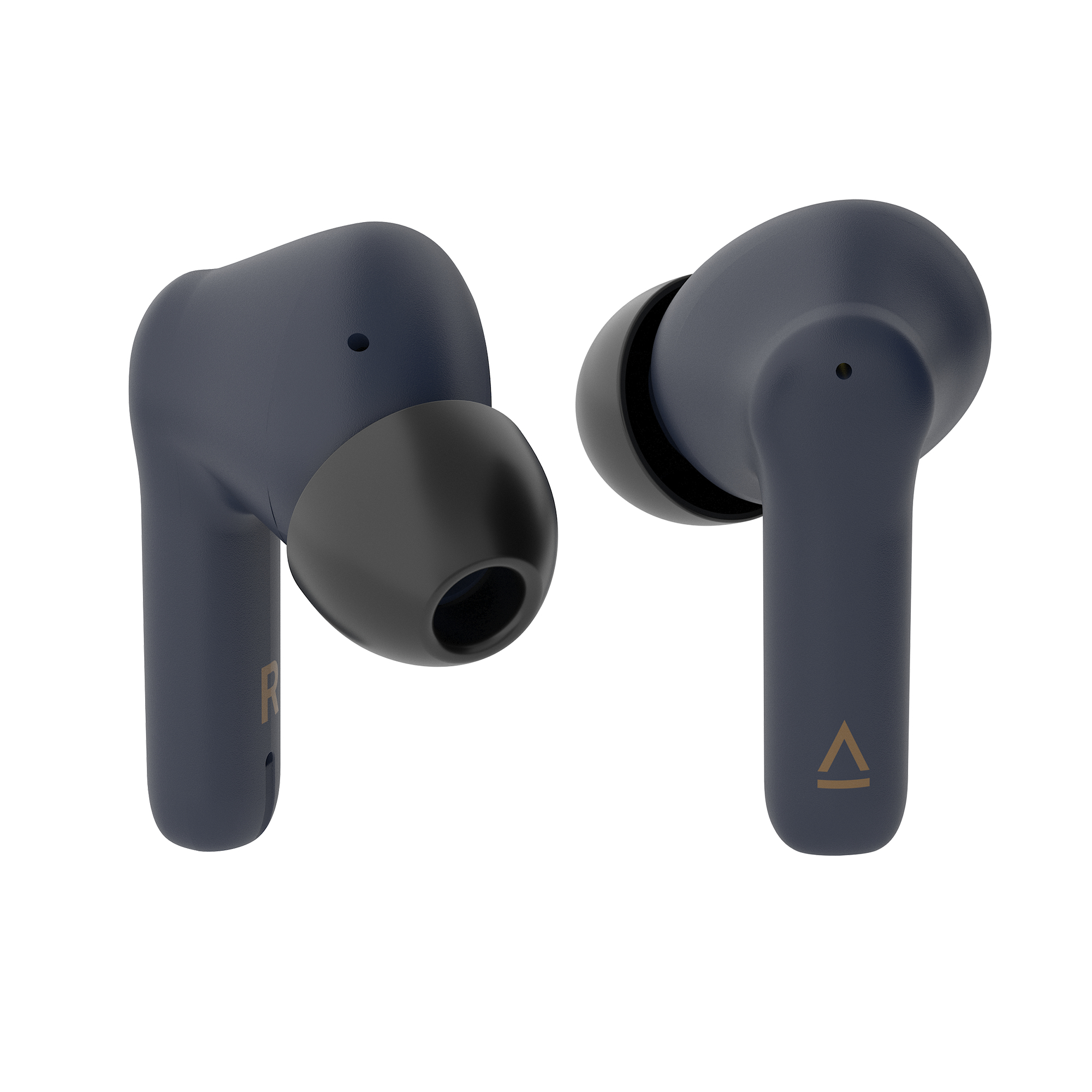 Due auricolari wireless blu navy su sfondo bianco. Uno mostra 'R' e l'altro ha un logo.