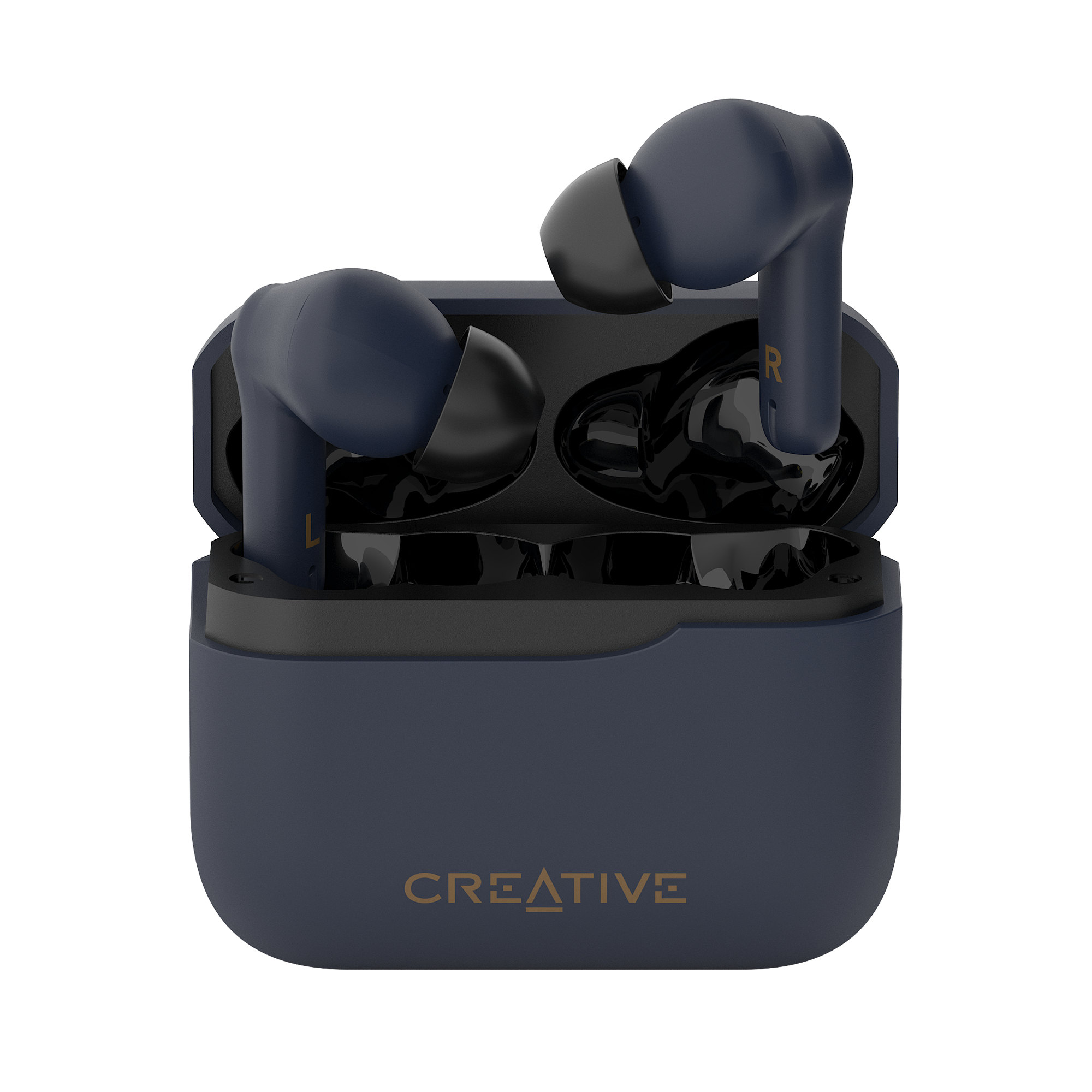 Auricolari wireless blu navy in una custodia di ricarica. La custodia è aperta, mostrando gli auricolari con L e R.
