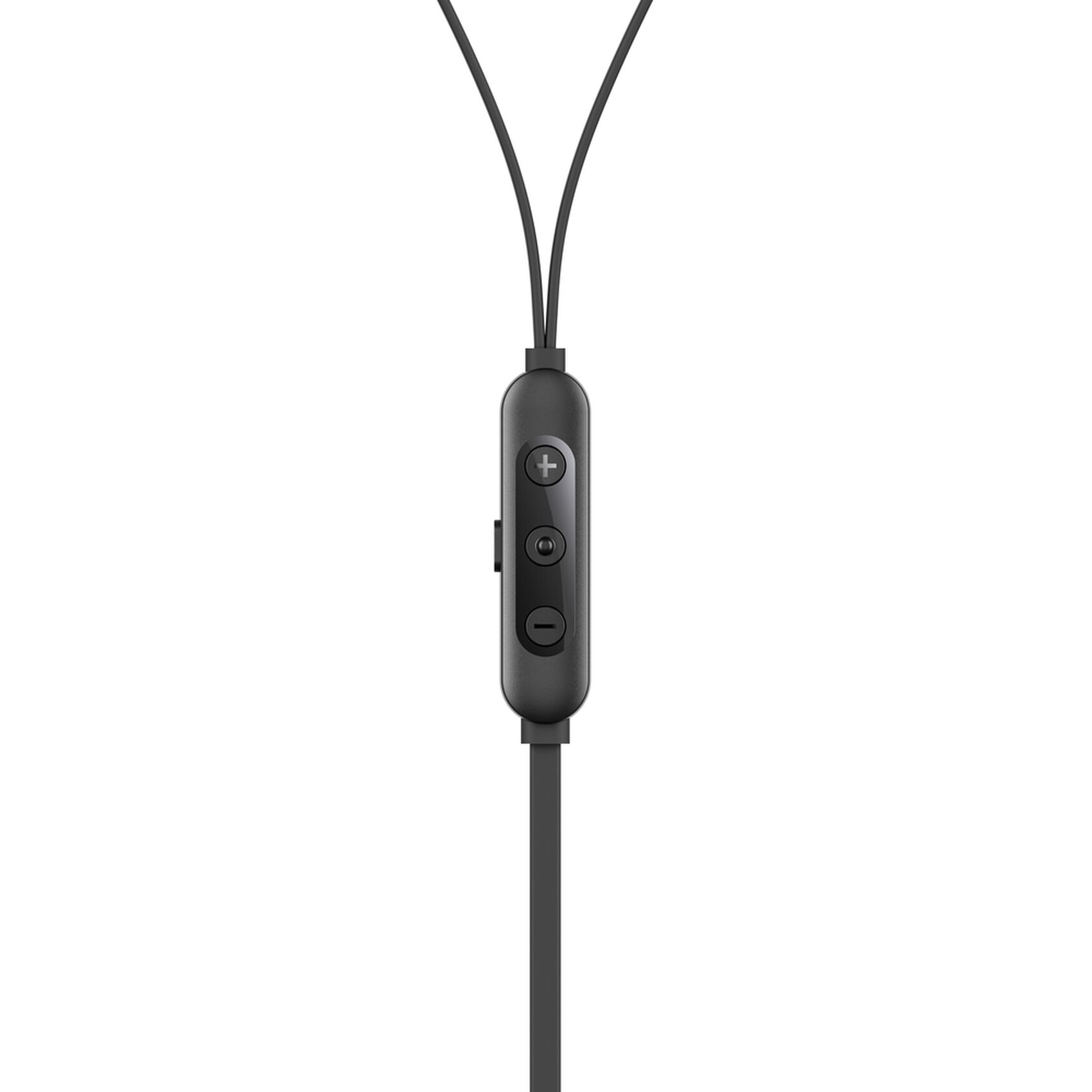 Nahaufnahme einer schwarzen In-Ear-Kopfhörer-Steuerung. Sie hat drei Tasten: Plus, ein Kreis und Minus, verbunden durch ein schwarzes Kabel.