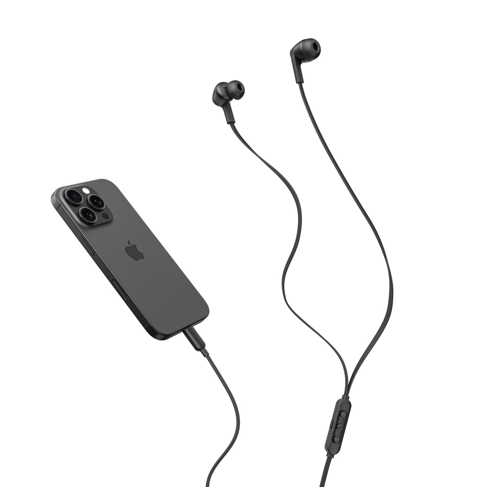 Schwarzes Smartphone mit Ohrhörern. Kopfhörer sind mit dem Telefon verbunden. Weißer Hintergrund.