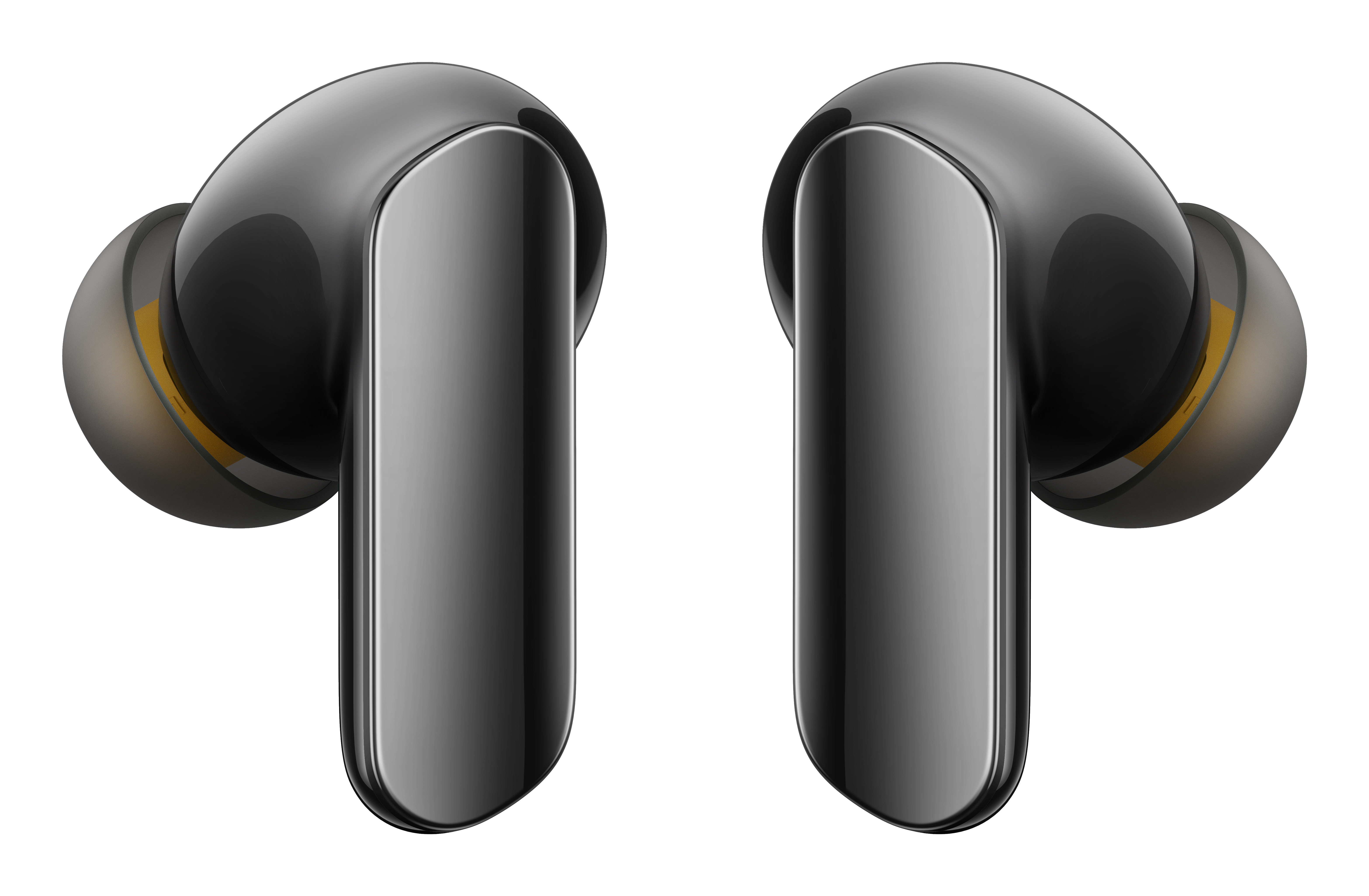 Dos auriculares inalámbricos negros sobre fondo blanco. Cada uno tiene un vástago plateado y un auricular oscuro.