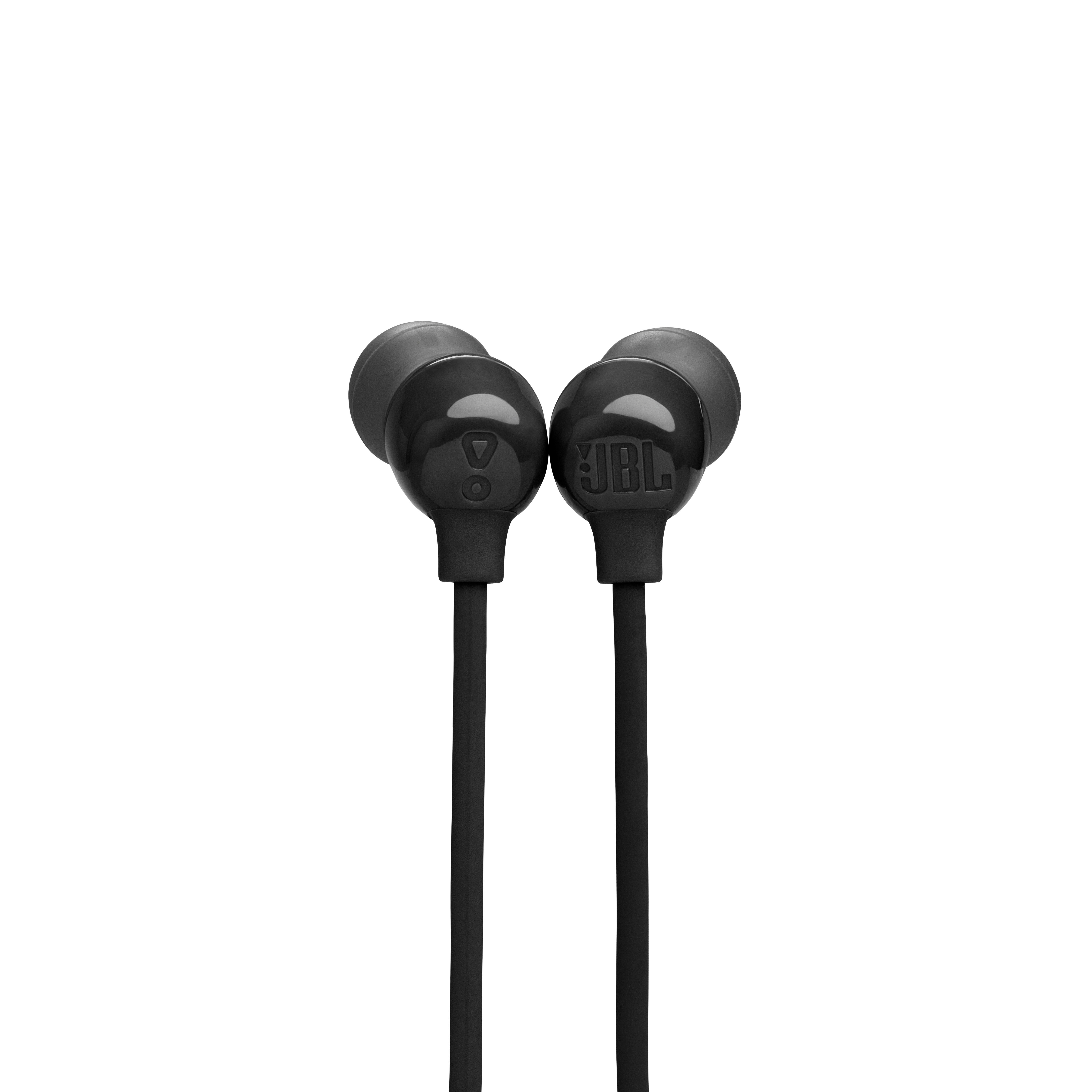 Zwei schwarze JBL-Ohrhörer auf weißem Hintergrund. Das JBL-Logo ist sichtbar.