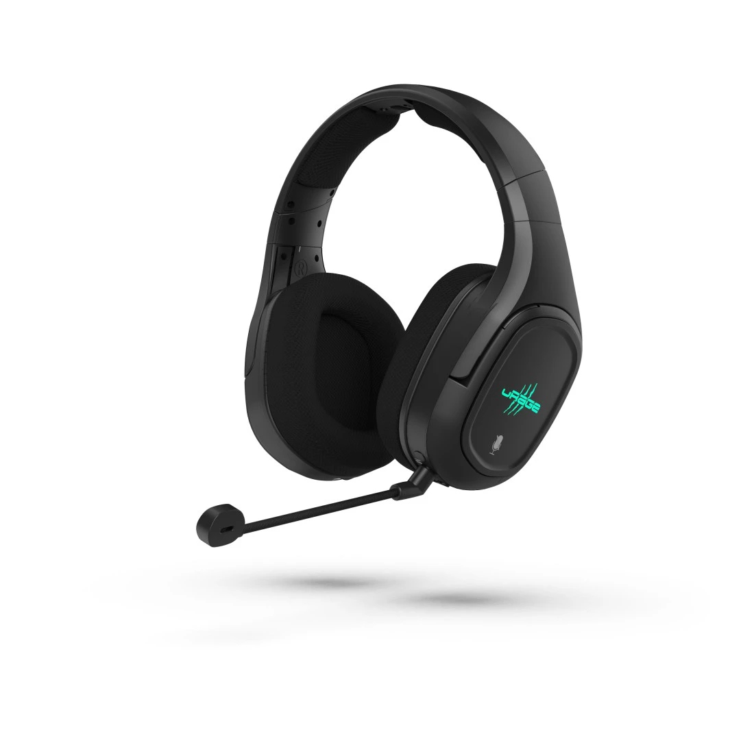 Ein schwarzes Gaming-Headset mit Mikrofon. Das Headset befindet sich auf weißem Hintergrund. Das Logo ist auf dem Ohrmuschel sichtbar.