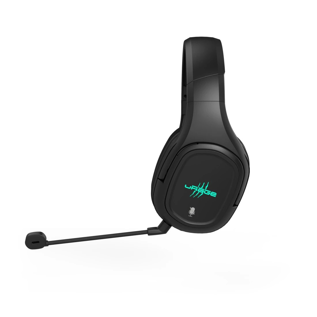 Schwarzes Gaming-Headset mit Mikrofon. Das Headset hat ein Logo und ein Mikrofon, das sich nach links erstreckt.