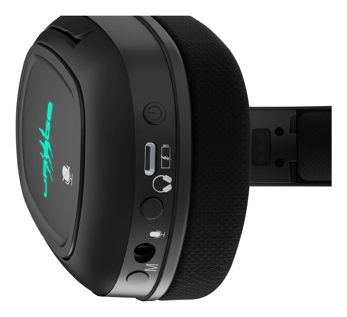 Schwarzes Gaming-Headset, Seitenansicht. Tasten und Anschlüsse sind sichtbar. Die linke Ohrmuschel hat ein Logo und ein Mikrofonsymbol.