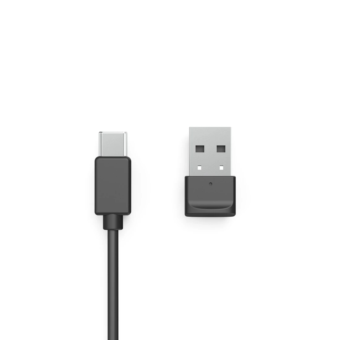 Ein USB-C-Kabel neben einem USB-A-Adapter. Beide sind schwarz und grau, vor weißem Hintergrund.