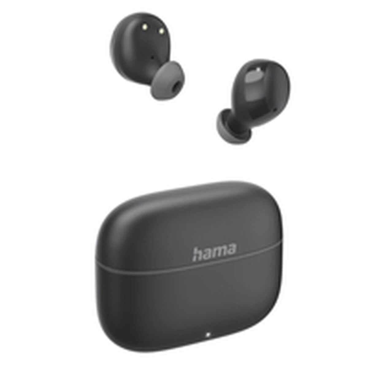 Primo piano di auricolari neri e una custodia di ricarica. Gli auricolari sono wireless e la custodia ha 'hama' stampato sopra.