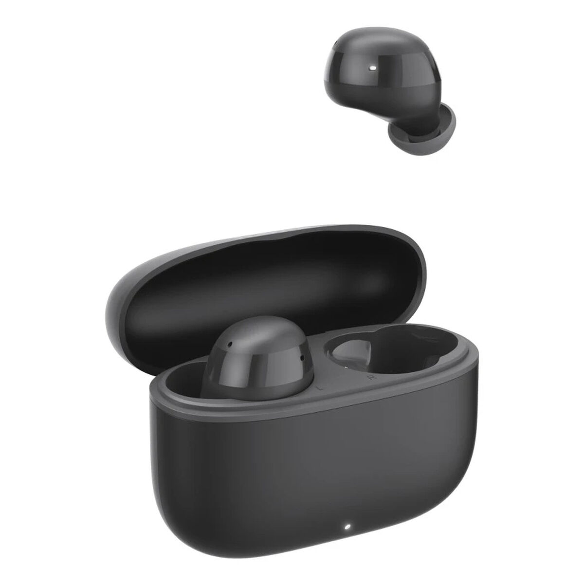 Auricolari wireless neri. Un auricolare fluttua sopra una custodia di ricarica aperta con un altro auricolare all'interno. Sfondo bianco.