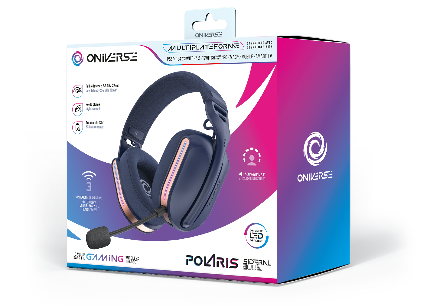 Pudełko z niebieskim zestawem słuchawkowym dla graczy. Posiada mikrofon i jest oznaczone 'Polaris Sidernal Blue', z marką 'Oniverse'.