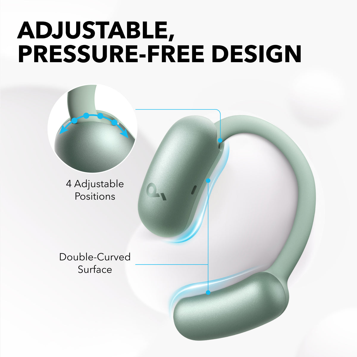 Auriculares verde menta con diseño ajustable y sin presión. Presentan superficie doblemente curvada y cuatro posiciones ajustables.