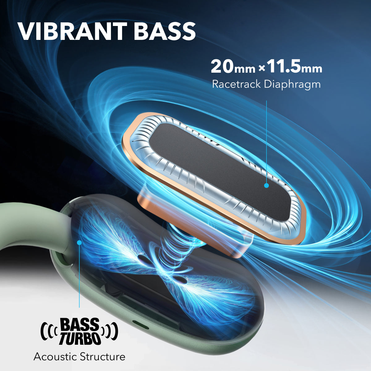Imagen muestra auriculares con una vista detallada de sus componentes internos, con texto resaltando 'Vibrant Bass' y 'Bass Turbo'.