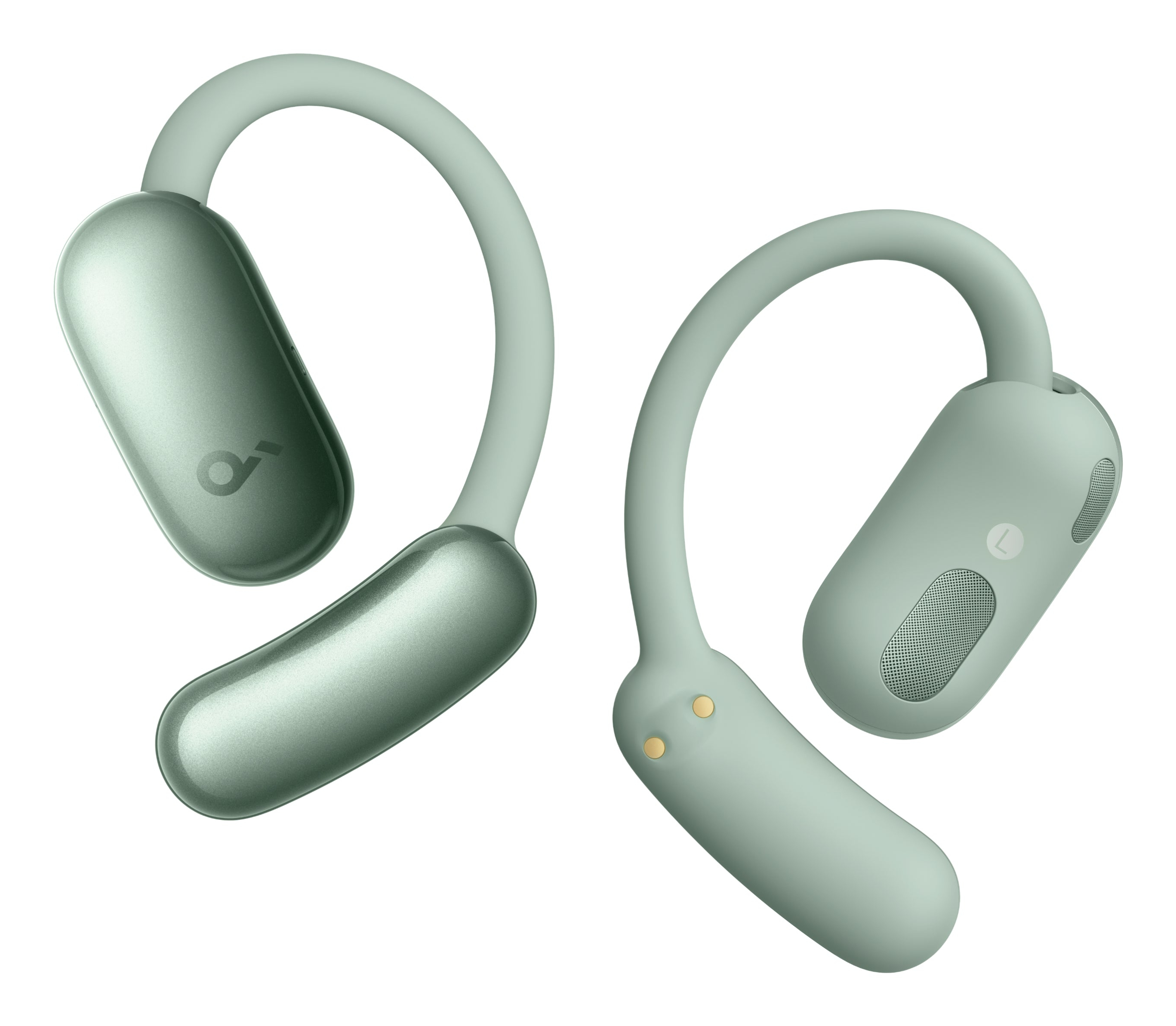 Dwa zielone słuchawki na białym tle. Jeden ma 'L', a drugi logo. Oba mają zakrzywione paski.