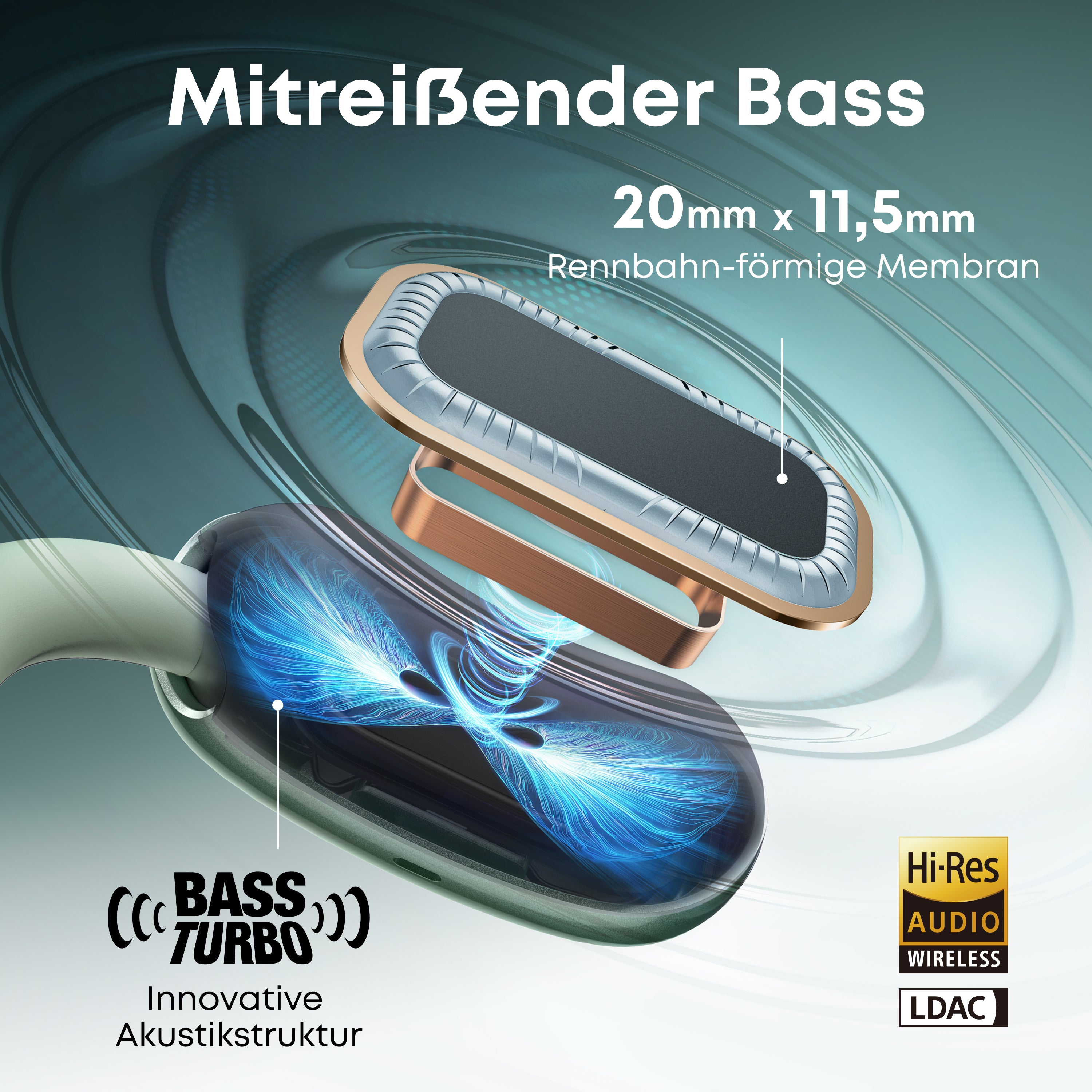 Obraz przedstawia słuchawki z tekstem o basie i dźwięku. Słuchawki są srebrne i złote.