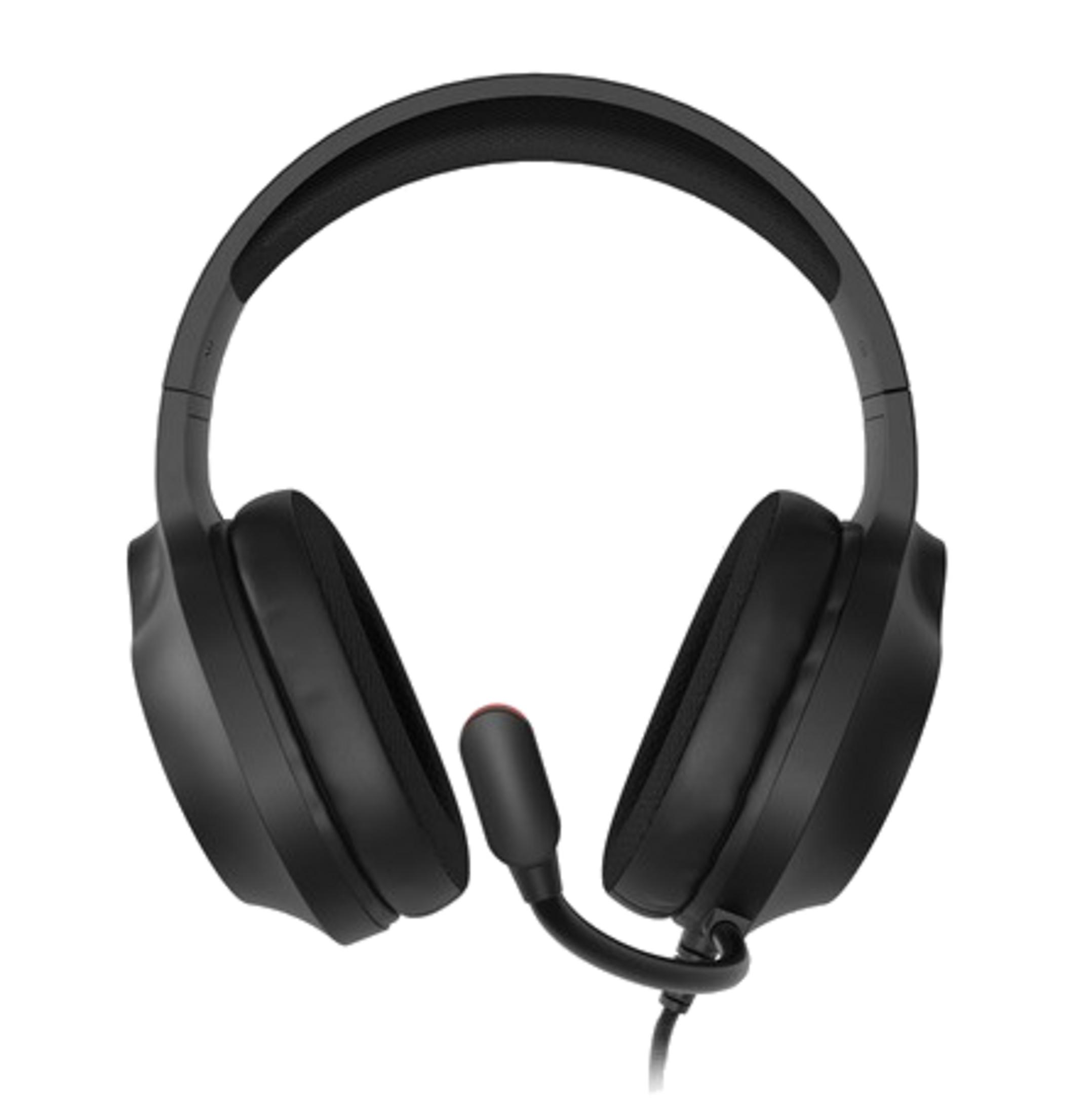 Czarne słuchawki z mikrofonem. Zestaw słuchawkowy jest wyśrodkowany na białym tle. Mikrofon ma czerwoną końcówkę.