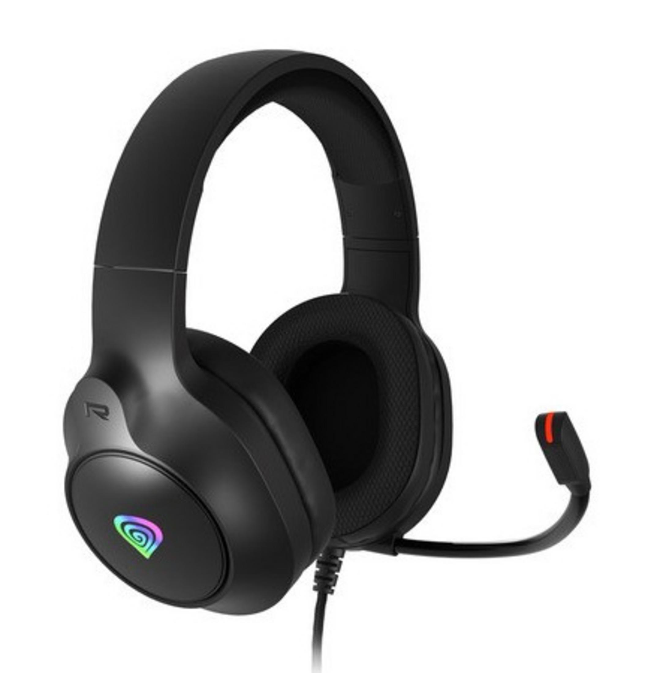 Czarne słuchawki dla graczy z mikrofonem. Posiadają kolorowe logo na nauszniku. Czerwony wskaźnik znajduje się na mikrofonie.