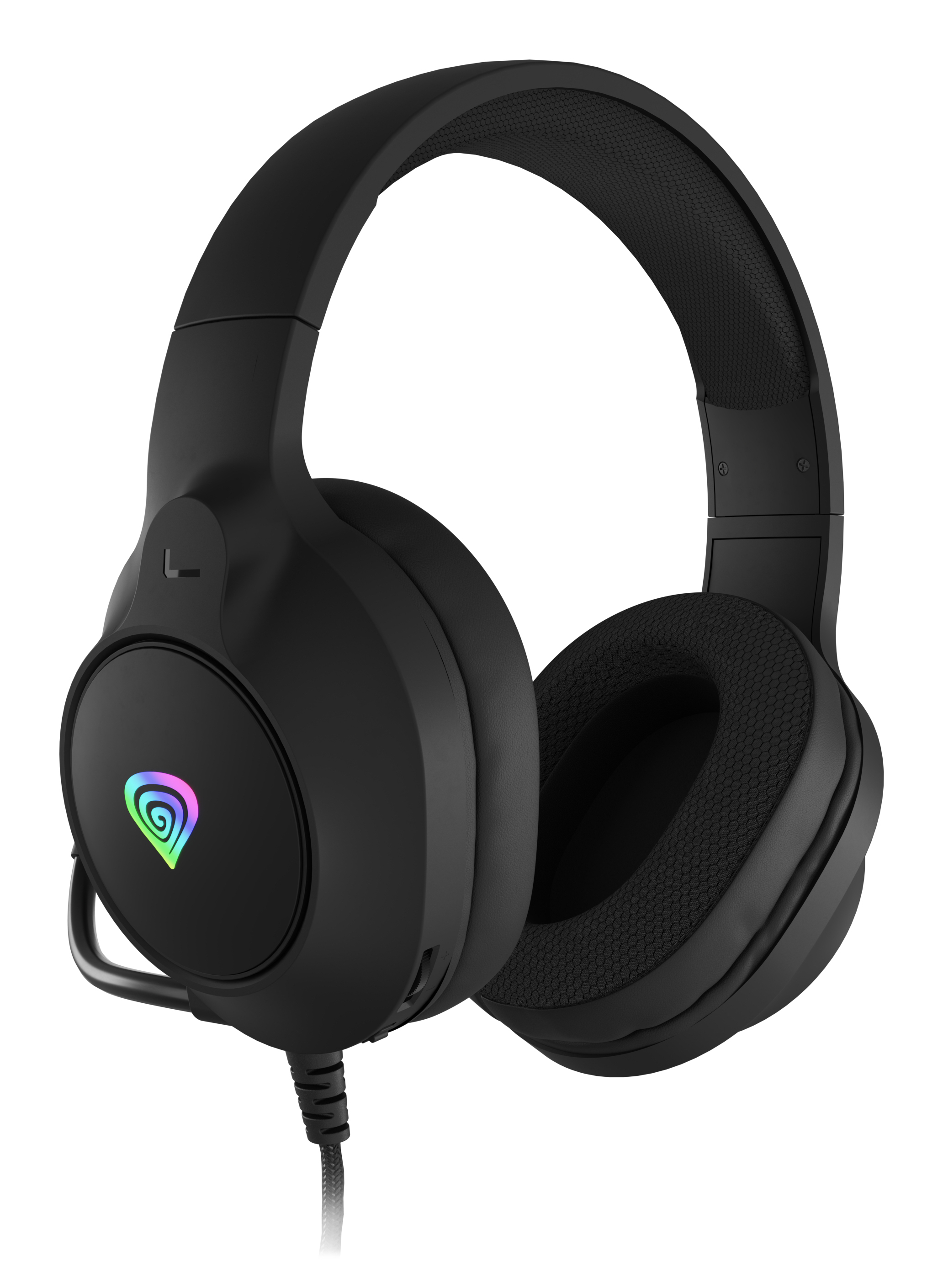 Czarne słuchawki z kolorowym logo. Mają wyściełany pałąk i nauszniki oraz kabel.