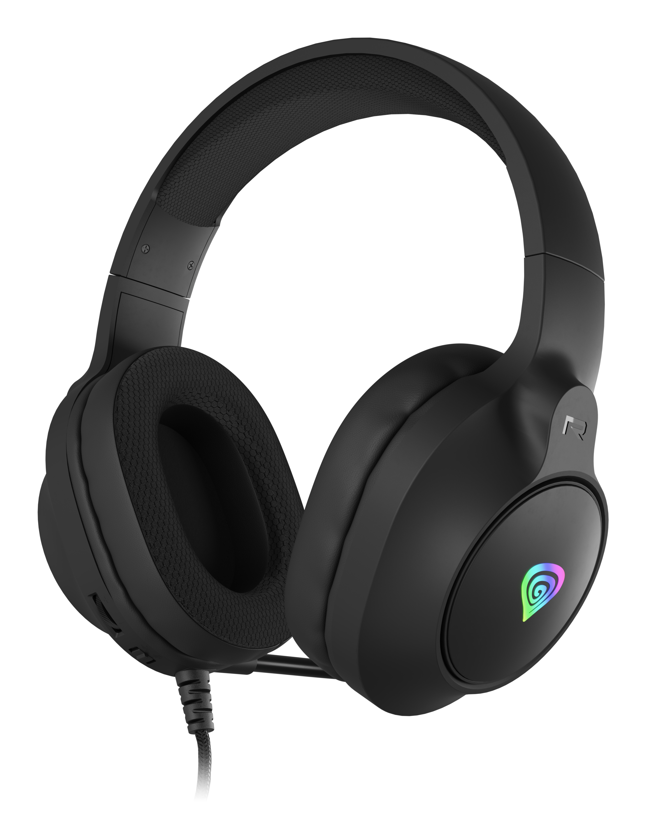 Czarne słuchawki z tęczowym logo. Ma wyściełany pałąk i nauszniki. Kabel jest czarny.