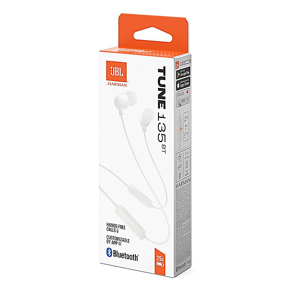 Eine weiße JBL Tune 135BT Kopfhörerbox. Merkmale sind Bluetooth, Freisprechen und App-Anpassung. Die Verpackung ist weiß und orange.
