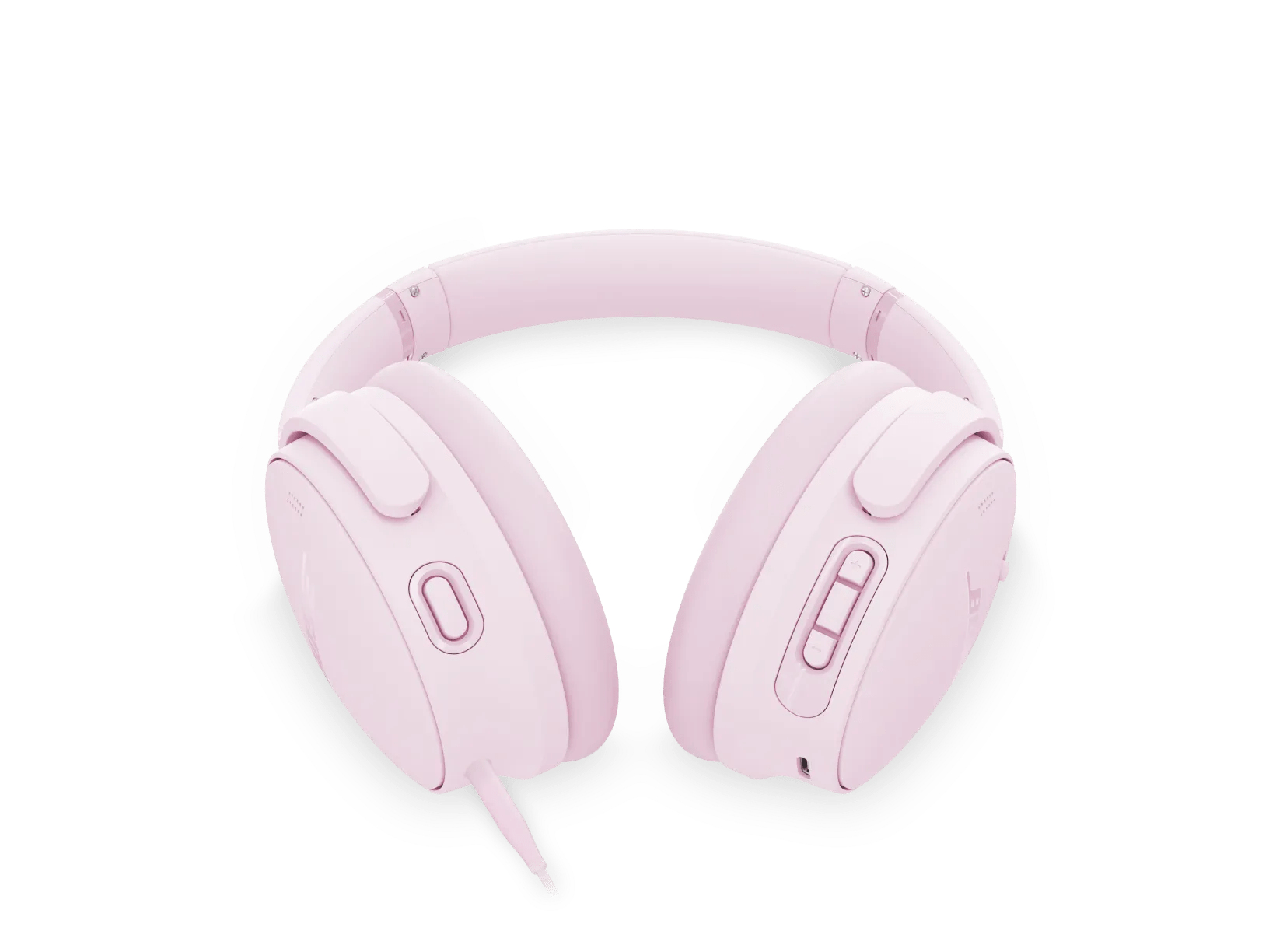 Un paio di cuffie rosa, con cavo, su sfondo bianco. Le cuffie sono in posizione aperta.