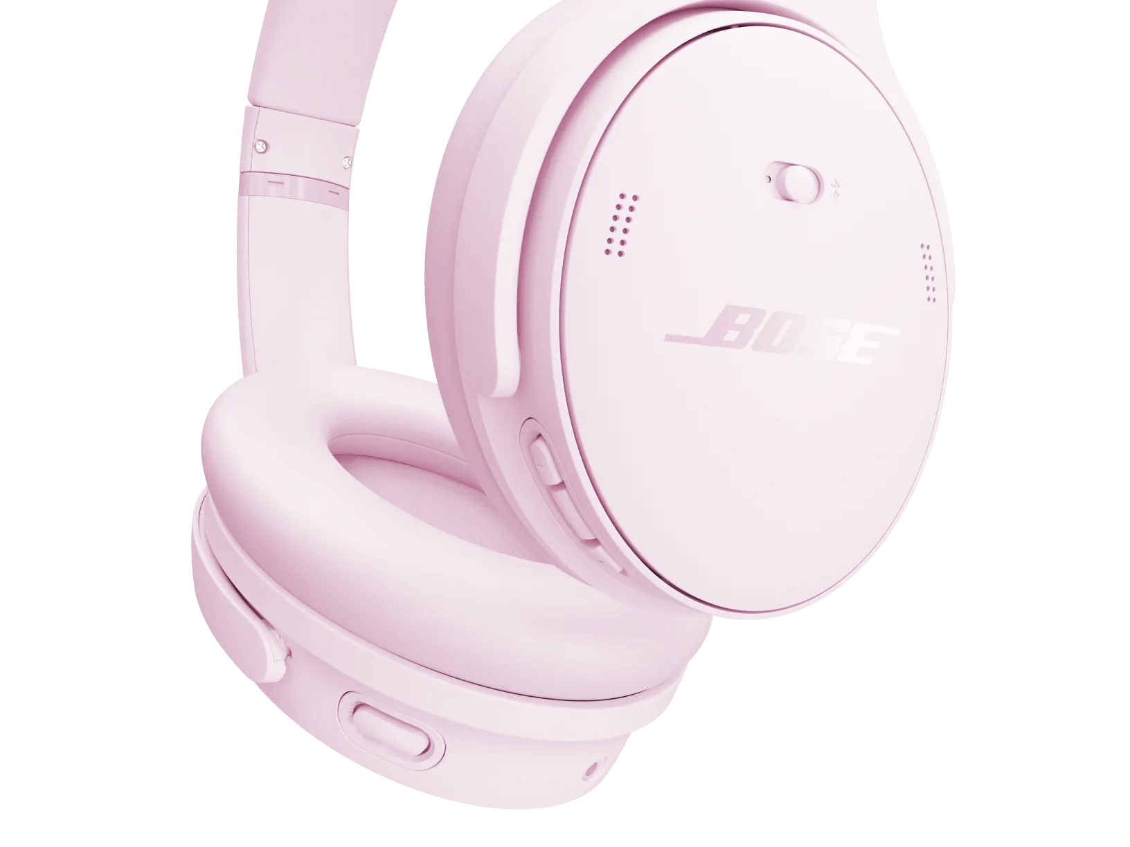 Cuffie Bose rosa su sfondo bianco. Include padiglioni, archetto e controlli. Il logo Bose è visibile.