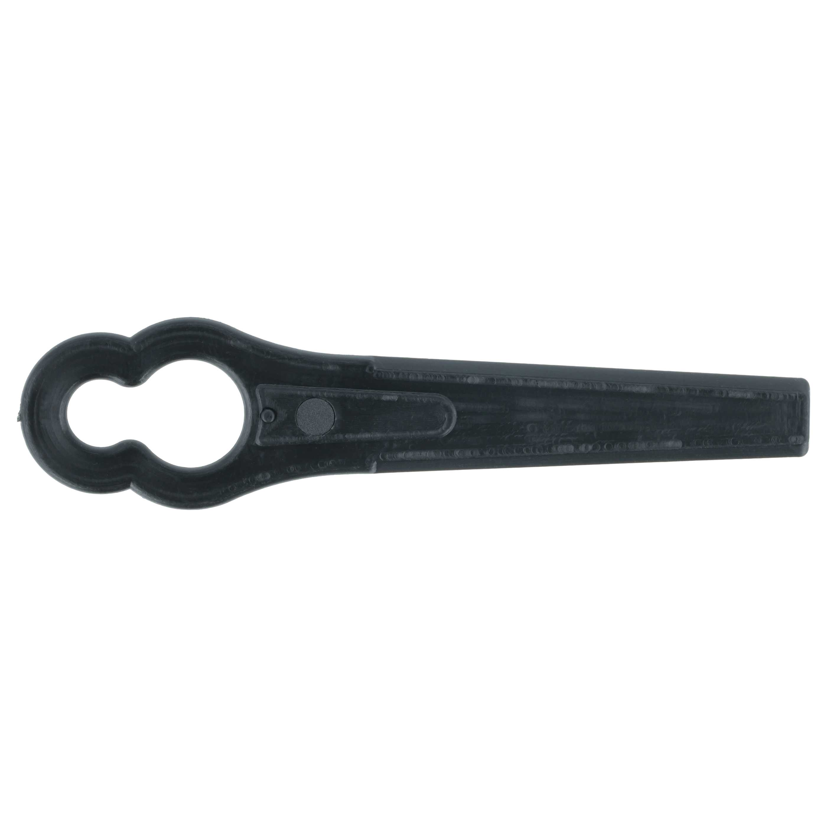 Ein schwarzer Kunststoff-Trimmer-Klingenschlüssel in Schlüsselform. Es hat ein Loch und ein kreisförmiges Design.