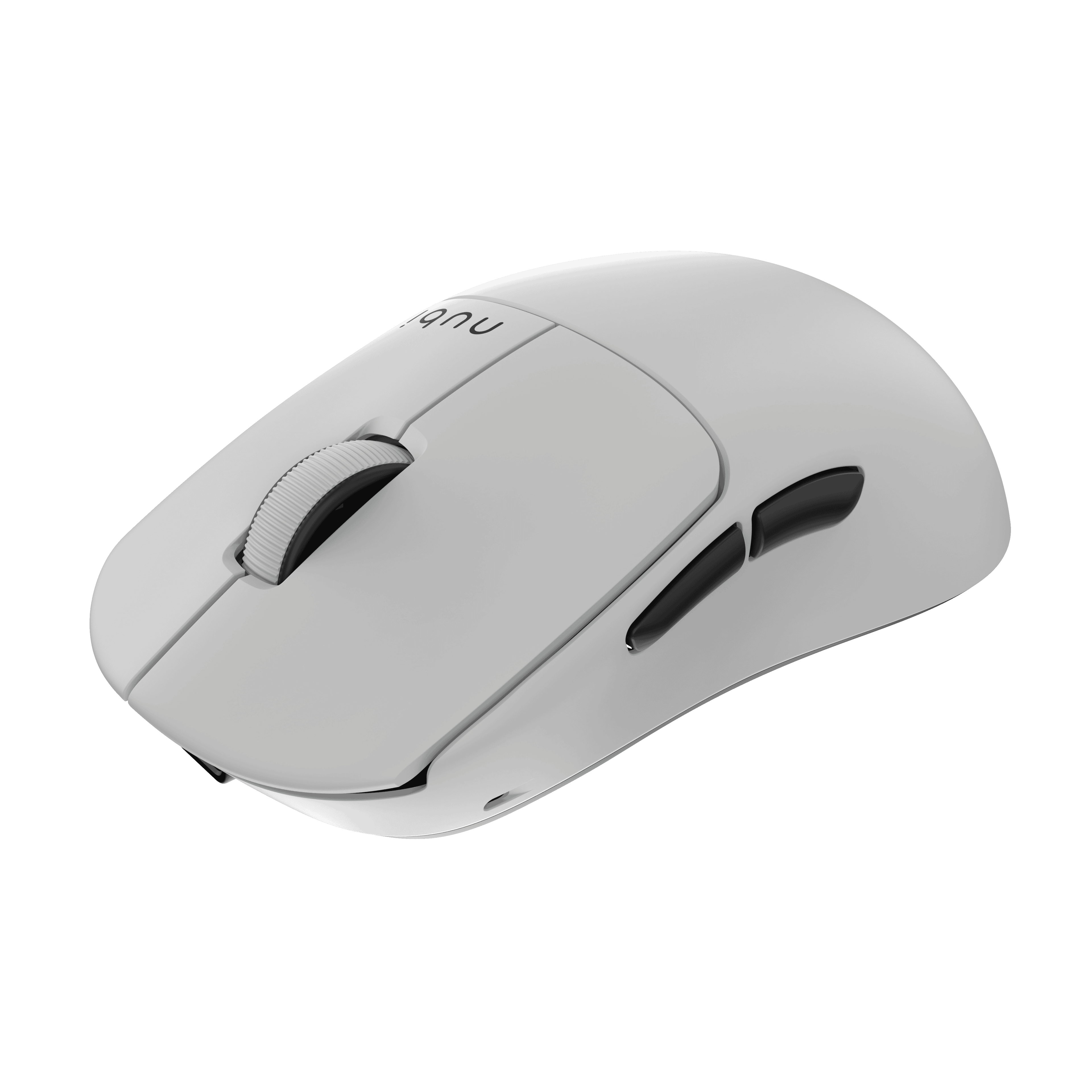 Un mouse bianco con dettagli neri e una rotella, su sfondo nero.