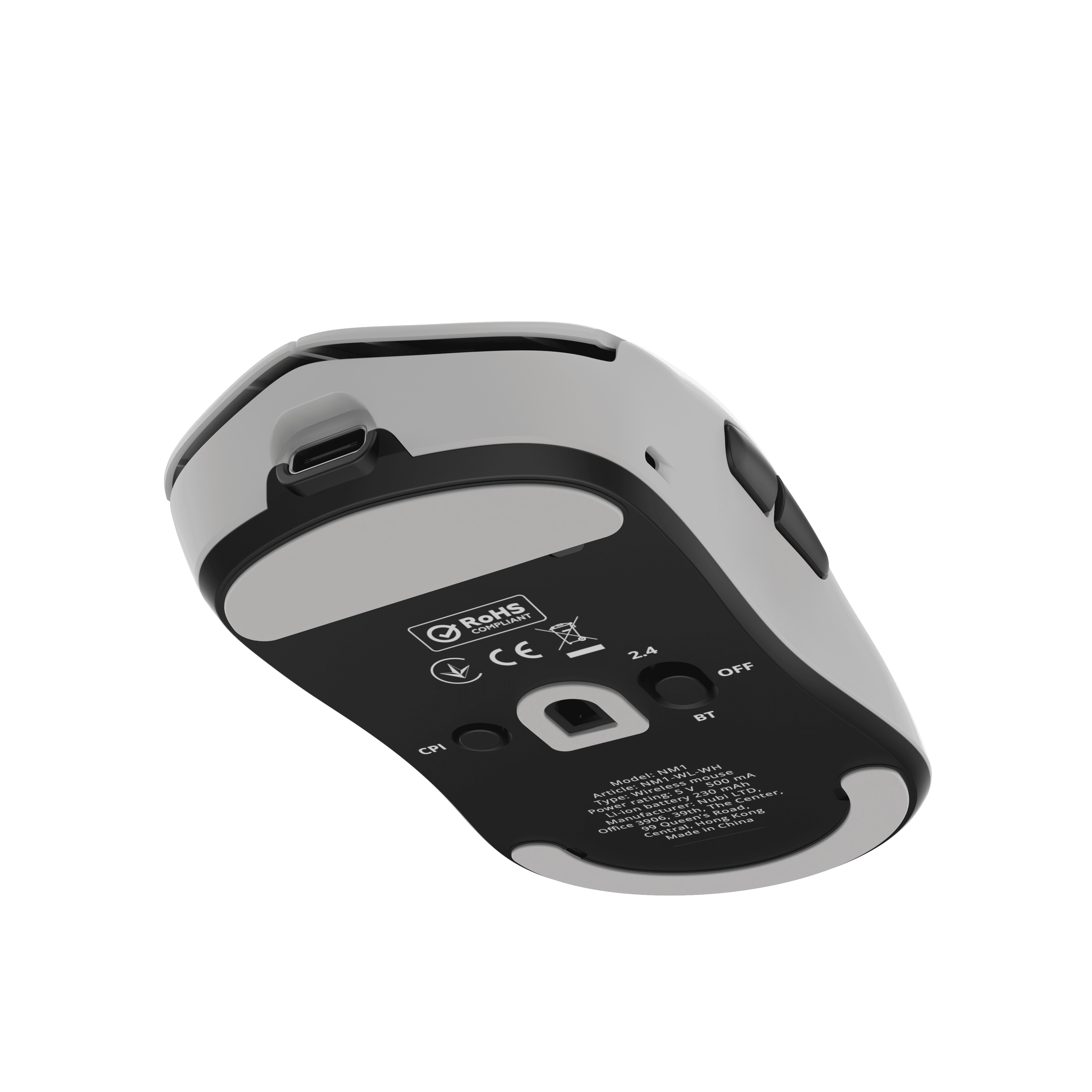 Un mouse wireless bianco e nero, vista dal basso, su sfondo nero, con etichette e marcature.