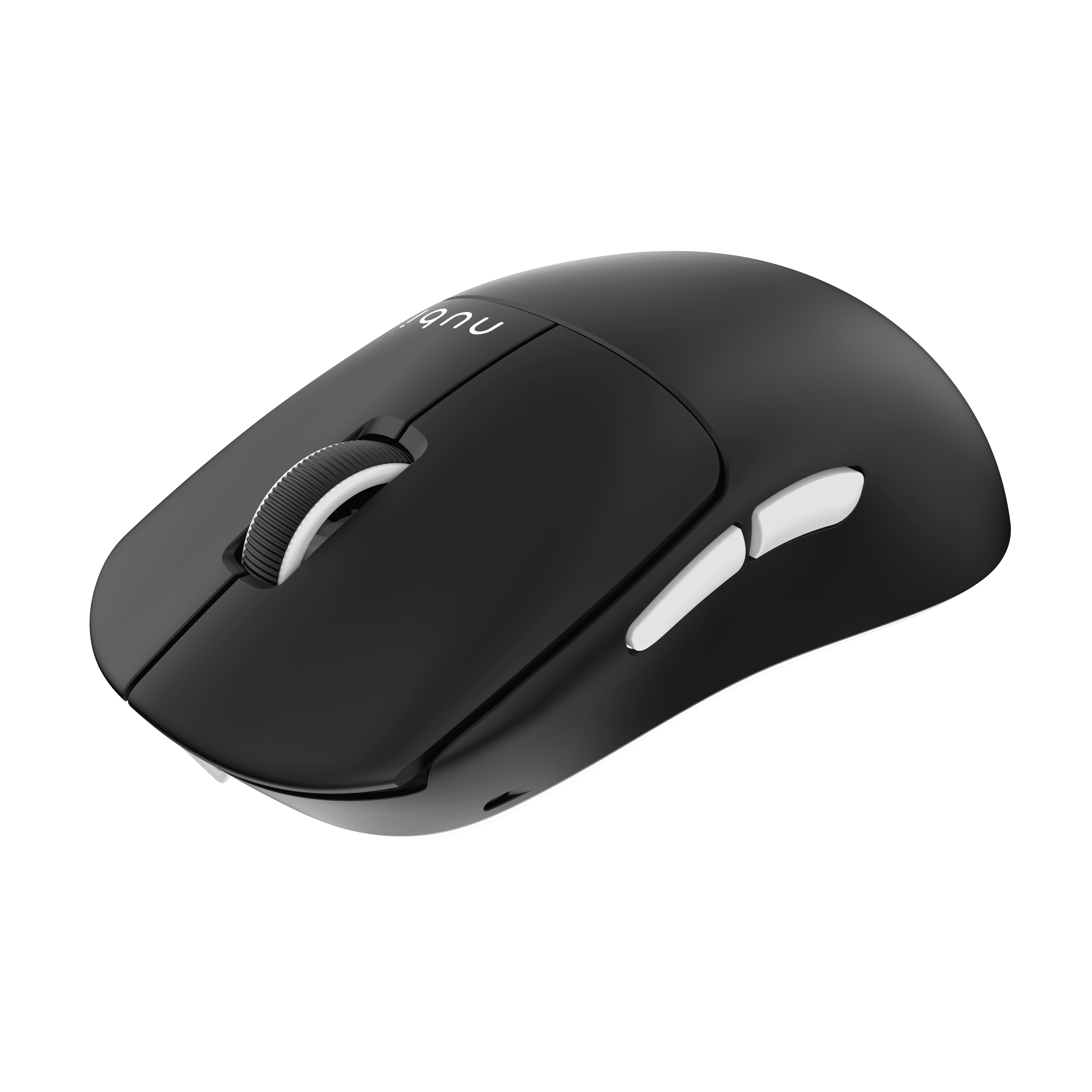 Un mouse per computer wireless nero con dettagli bianchi su sfondo nero. Il marchio è visibile.