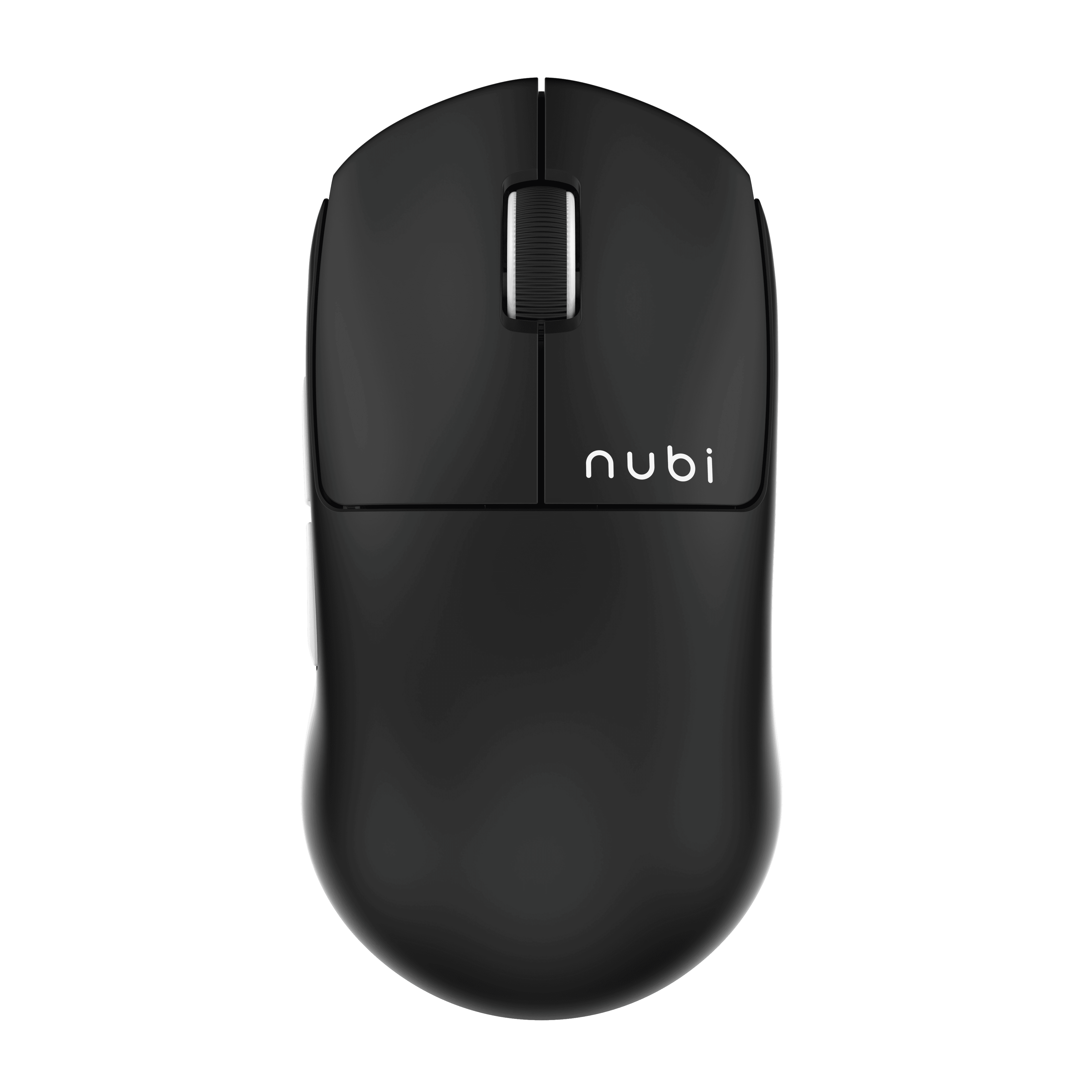 Un mouse nero con il marchio 'nubi'. Ha una rotella e due pulsanti. Lo sfondo è nero.
