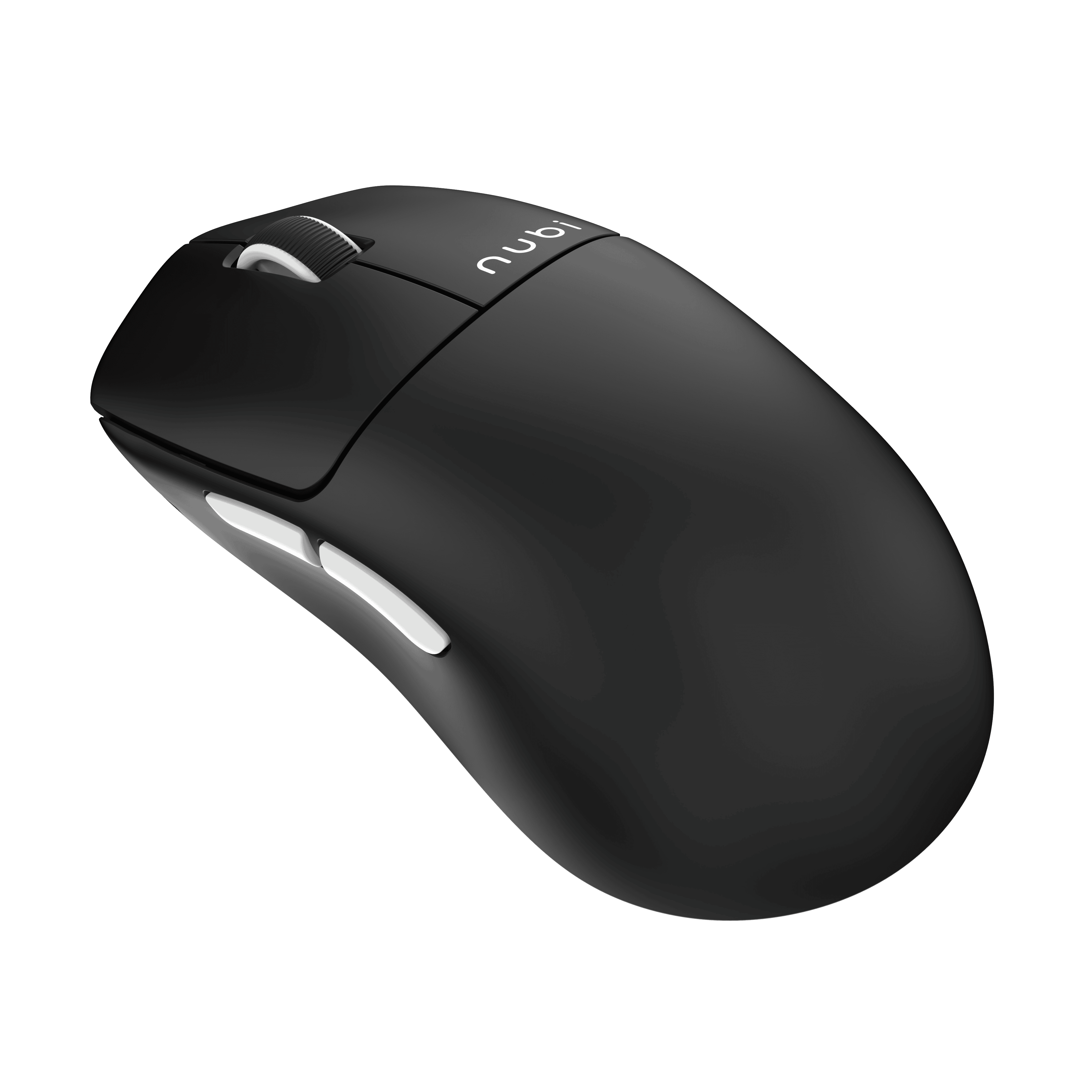 Mouse per computer nero con rotella e pulsanti bianchi. La parola 'nubi' è stampata sopra.