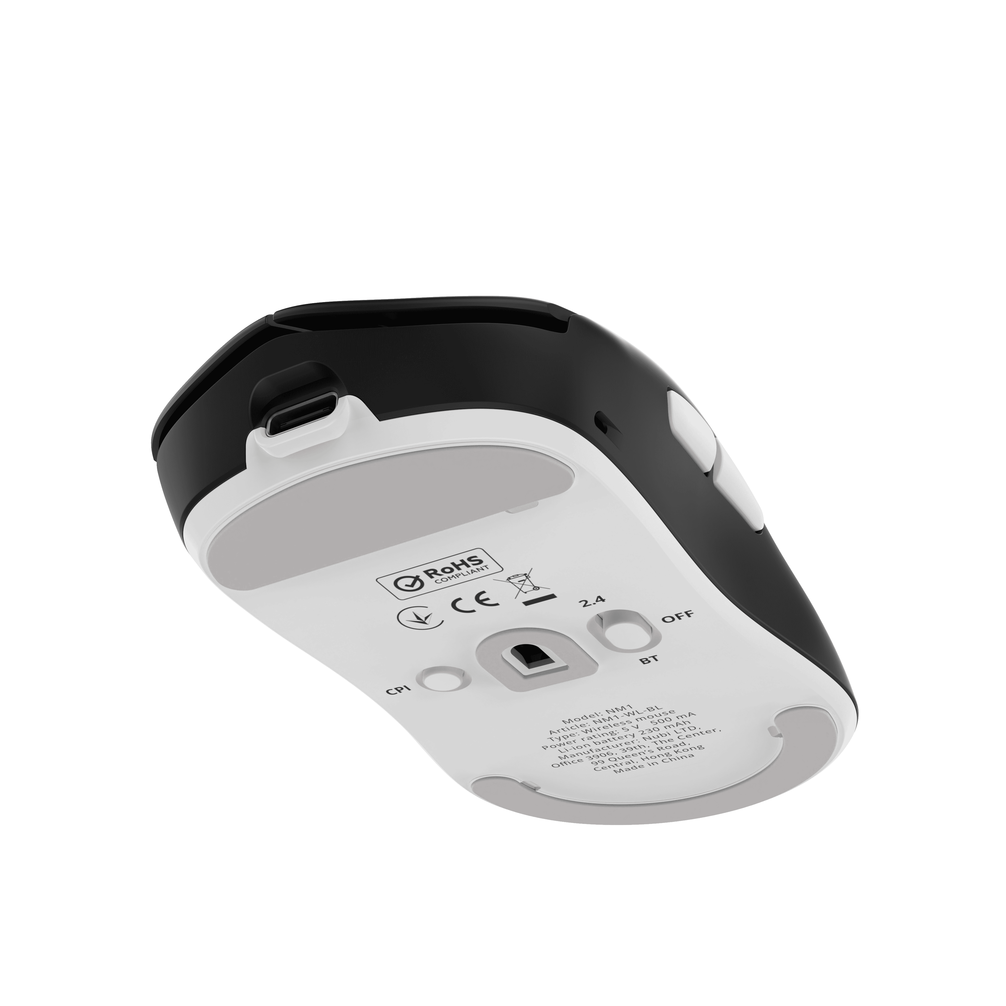 Un mouse wireless bianco e nero visto dal basso, su sfondo nero.