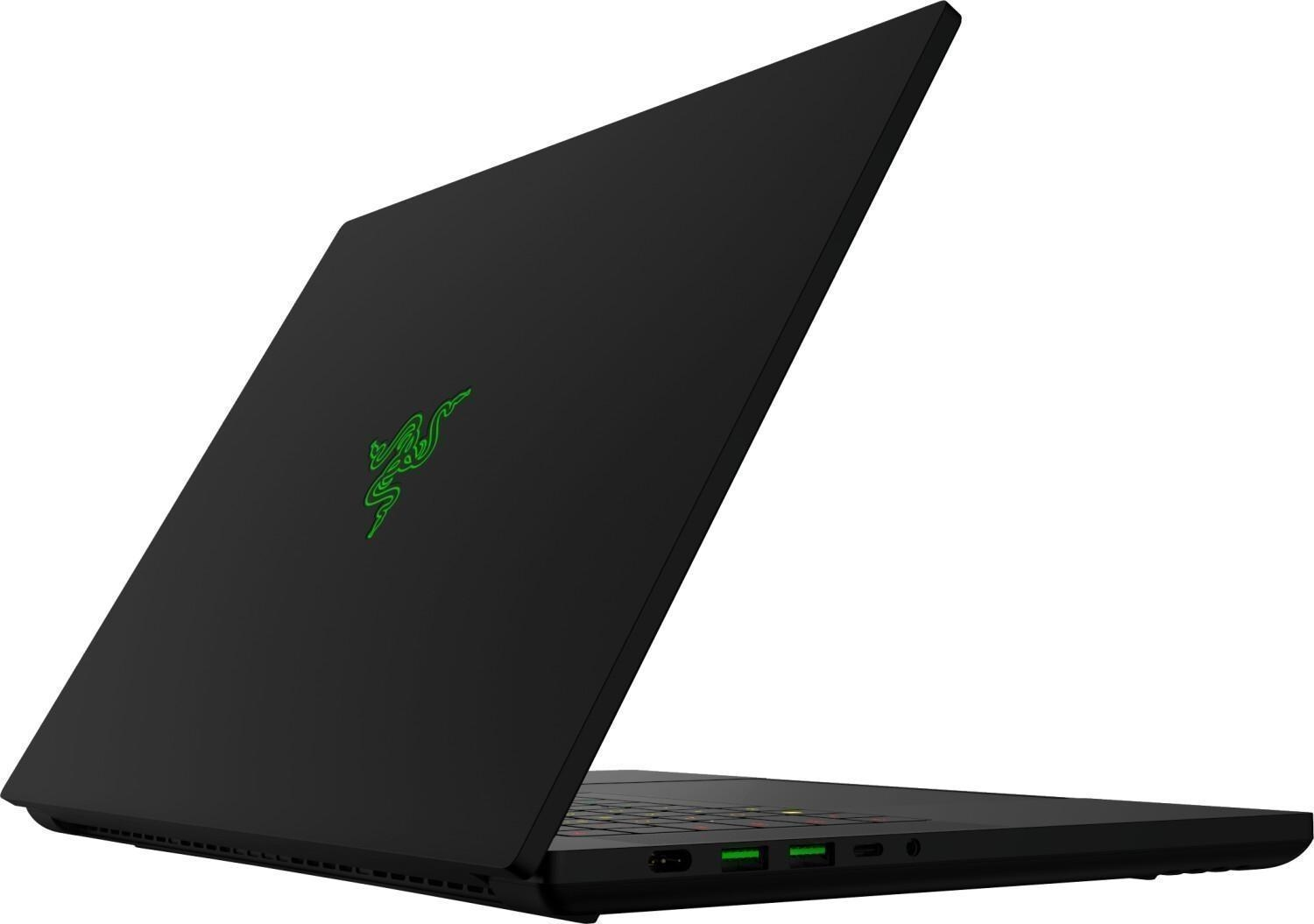 Czarny laptop z zielonym logo, otwarty. Pokazuje klawiaturę i porty. Logo Razer widoczne. Tło białe.