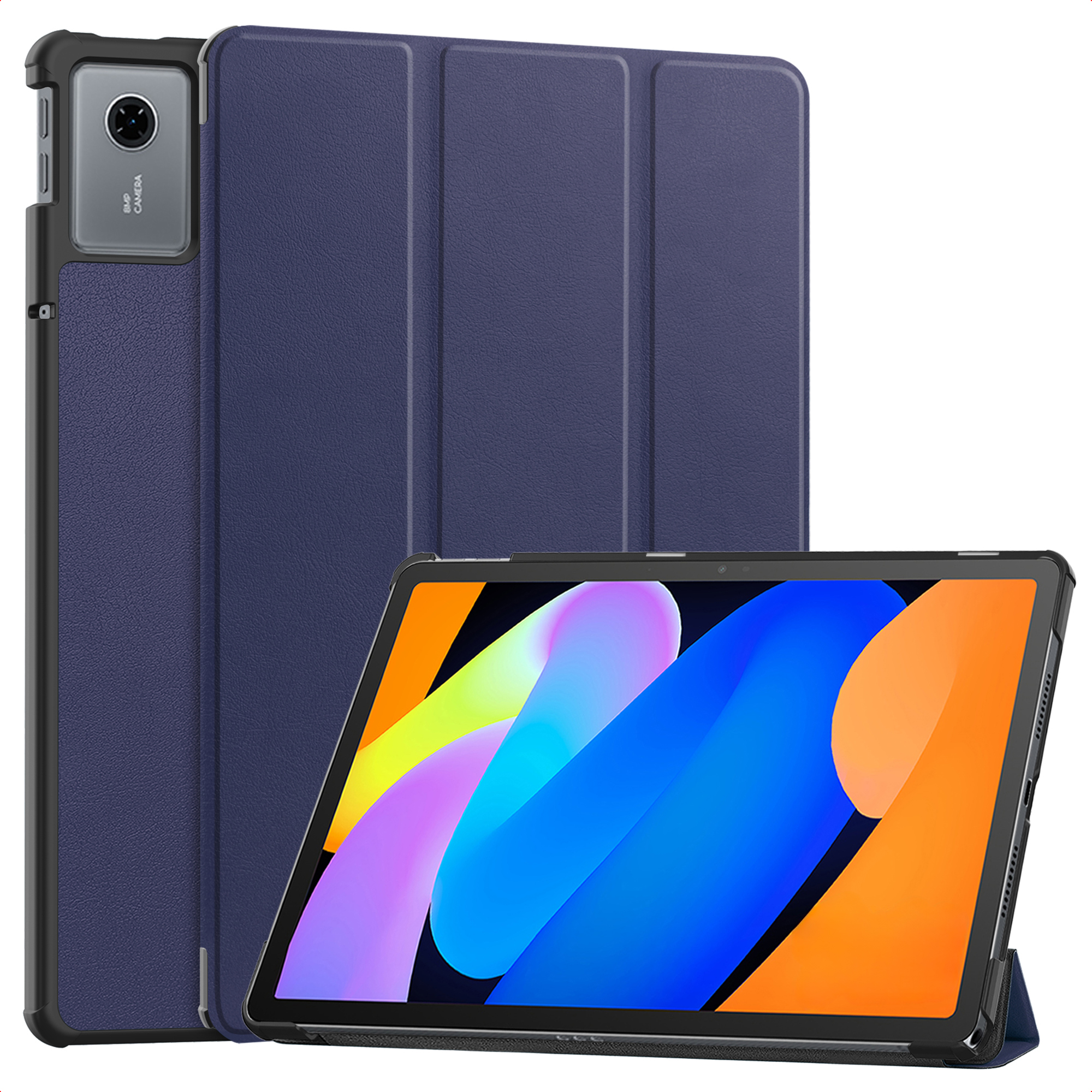 Een tablet in een blauwe hoes, met een scherm met een kleurrijk abstract ontwerp. De hoes heeft een camera.