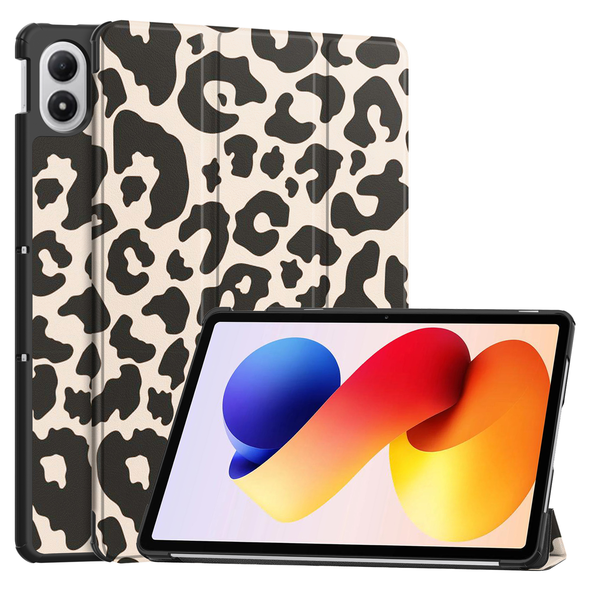 Tablet met een luipaardprint hoes. Het scherm toont een kleurrijk abstract ontwerp. De hoes is open.