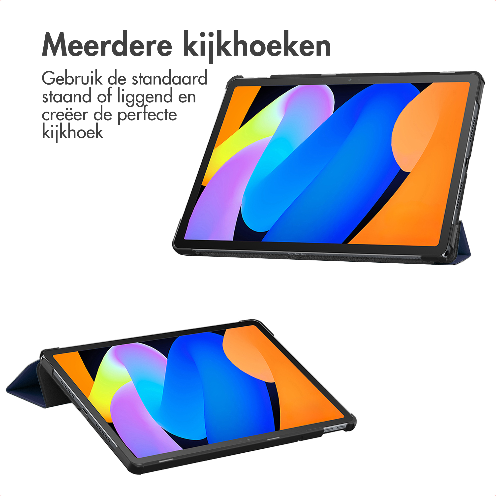 Twee tablets worden weergegeven. Eén is schuin, de andere plat. Beide tonen kleurrijke abstracte achtergronden.