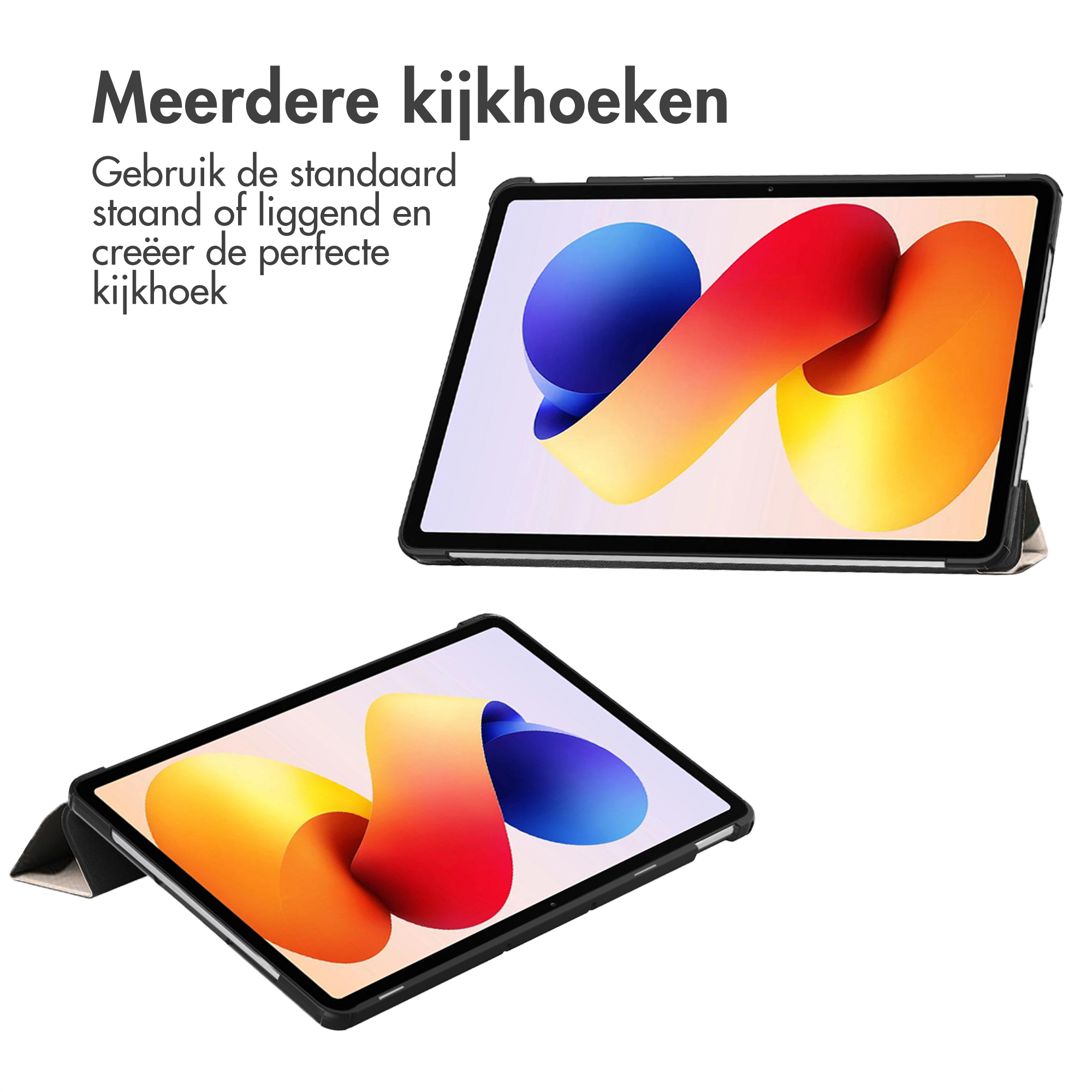 Twee tablets op een witte ondergrond. De tablets hebben kleurrijke achtergronden en zwarte frames.