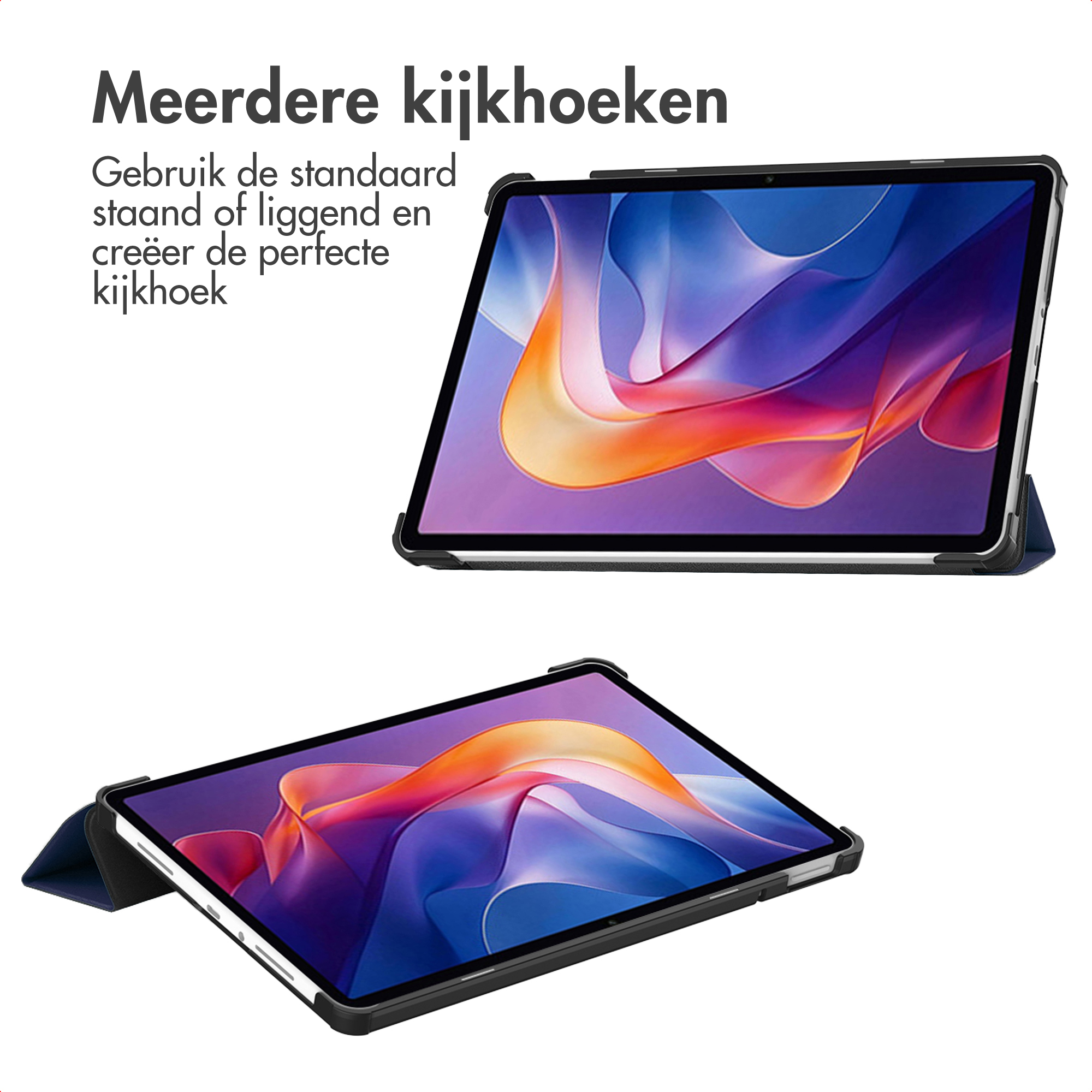 Two tablets with colorful screens and black protective cases are displayed. Text above indicates multiple viewing angles.