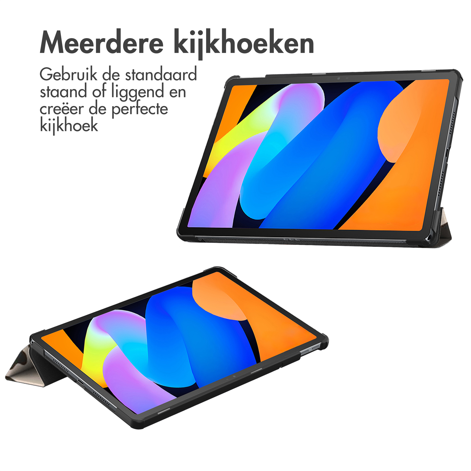 Two tablets with colorful screens displayed at different angles. Black cases and white background.