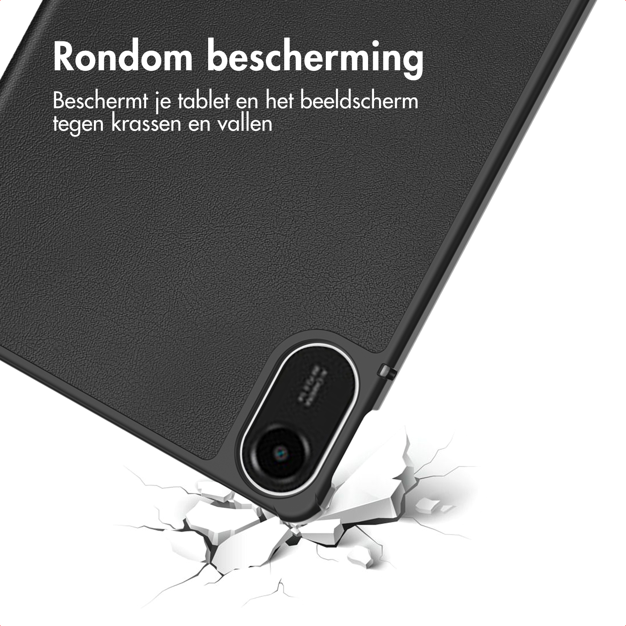 Black tablet case protecting a device. Shows camera and impact on white surface.