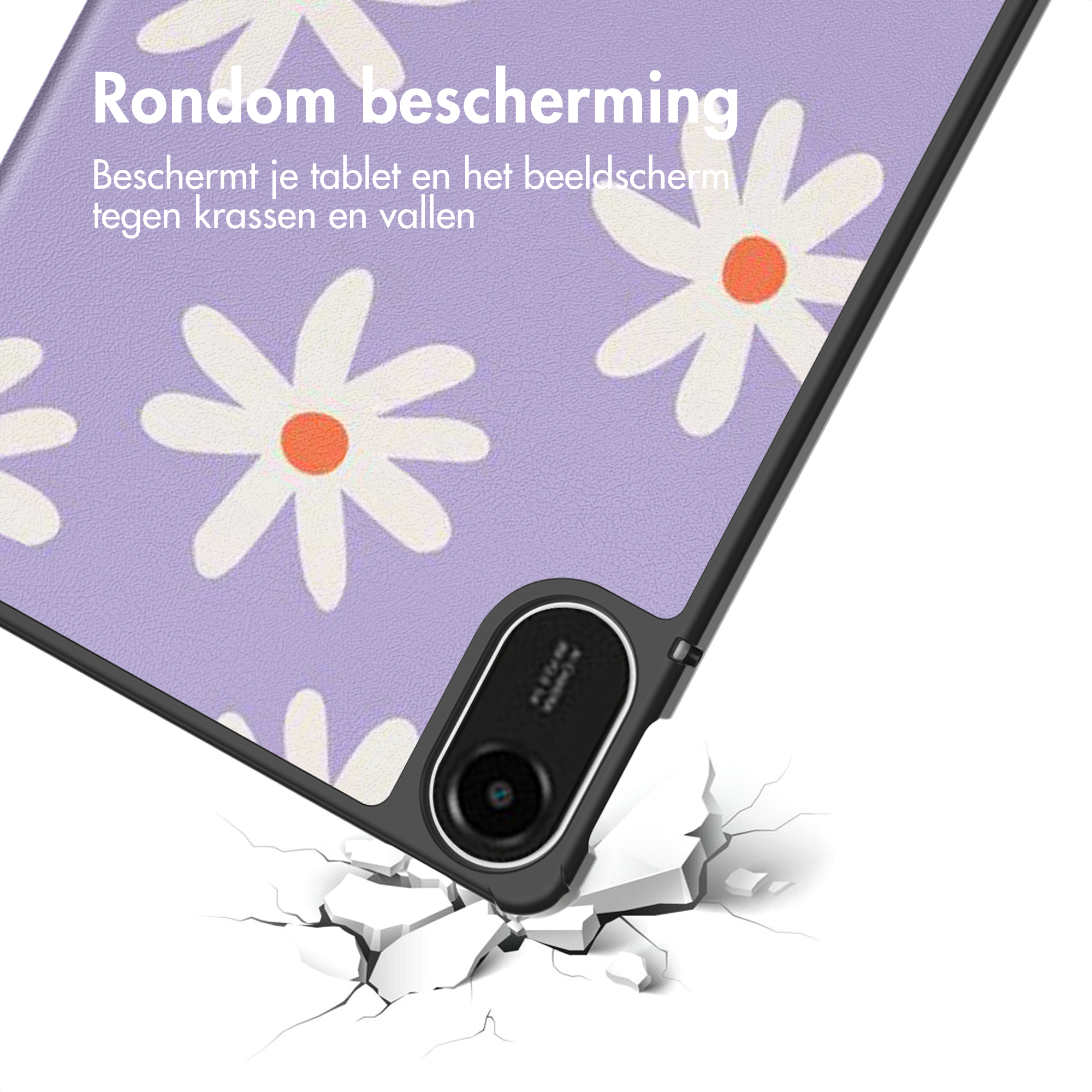 Tablet case with daisy pattern on a purple background. The case is on a cracked surface.