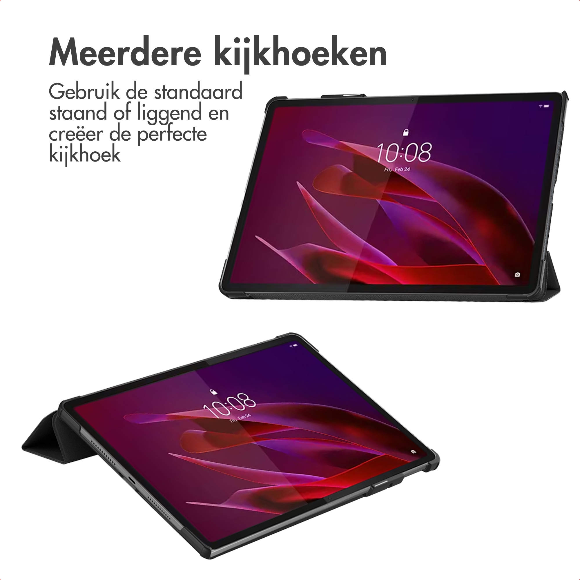 Two tablets with black cases, screens showing time and abstract patterns, angled for viewing. Text above.