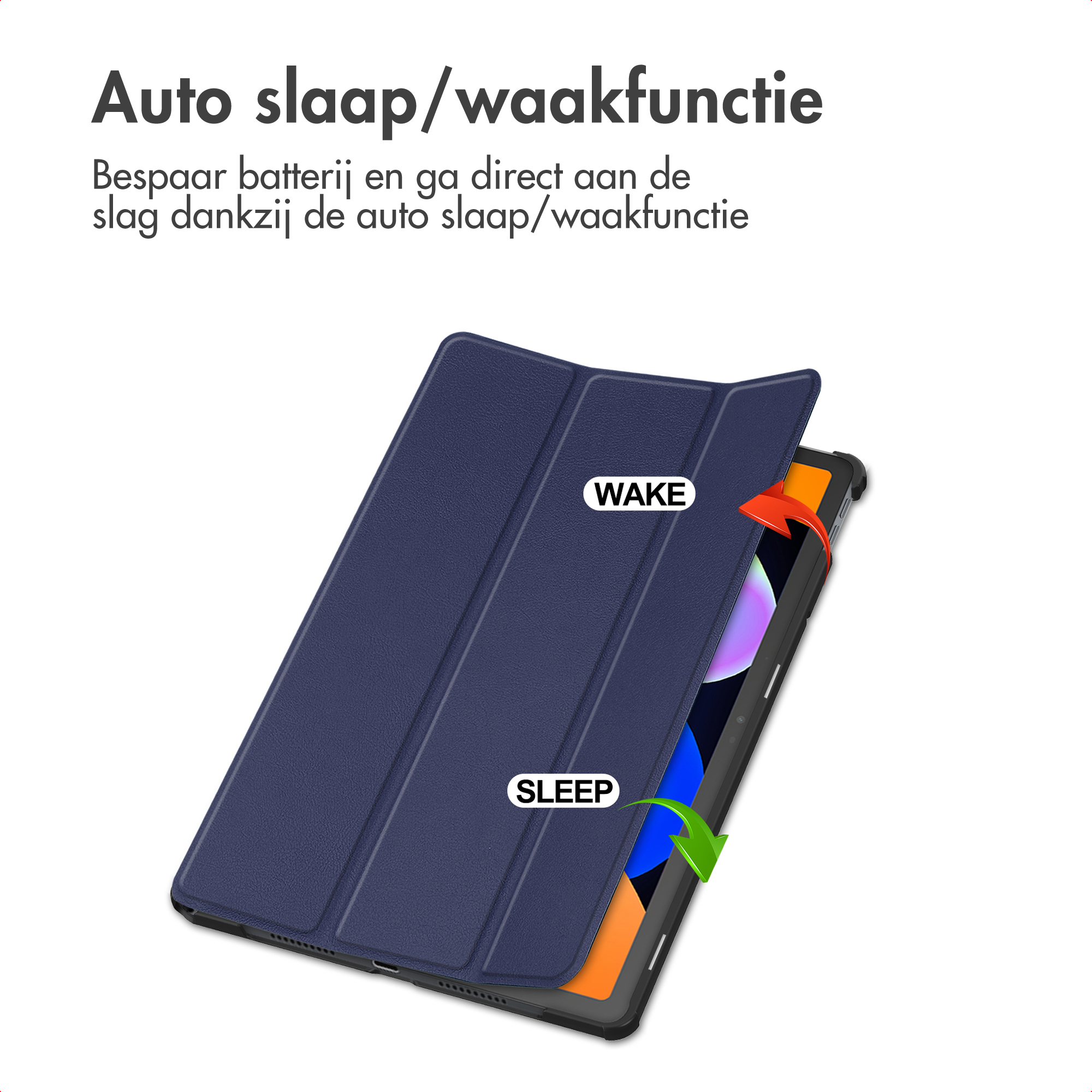 Blauwe tablethoes met 'WAKE' en 'SLEEP'. Pijlen geven schermactivatie en slaapstand aan.