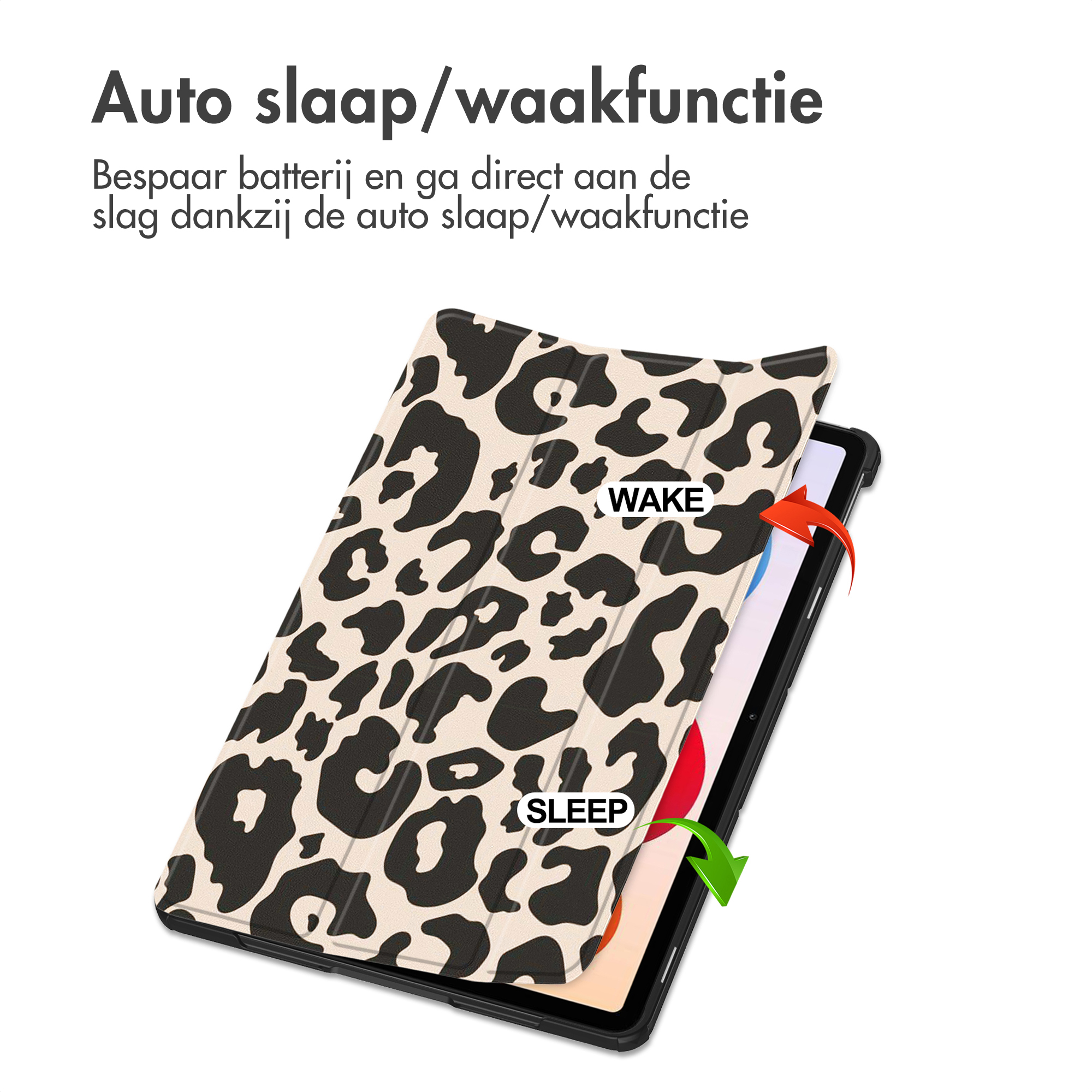 Tablethoes met luipaardprint. Tekst geeft automatische slaap/waakfunctie aan. Pijlen wijzen naar slaap- en waakmodi.